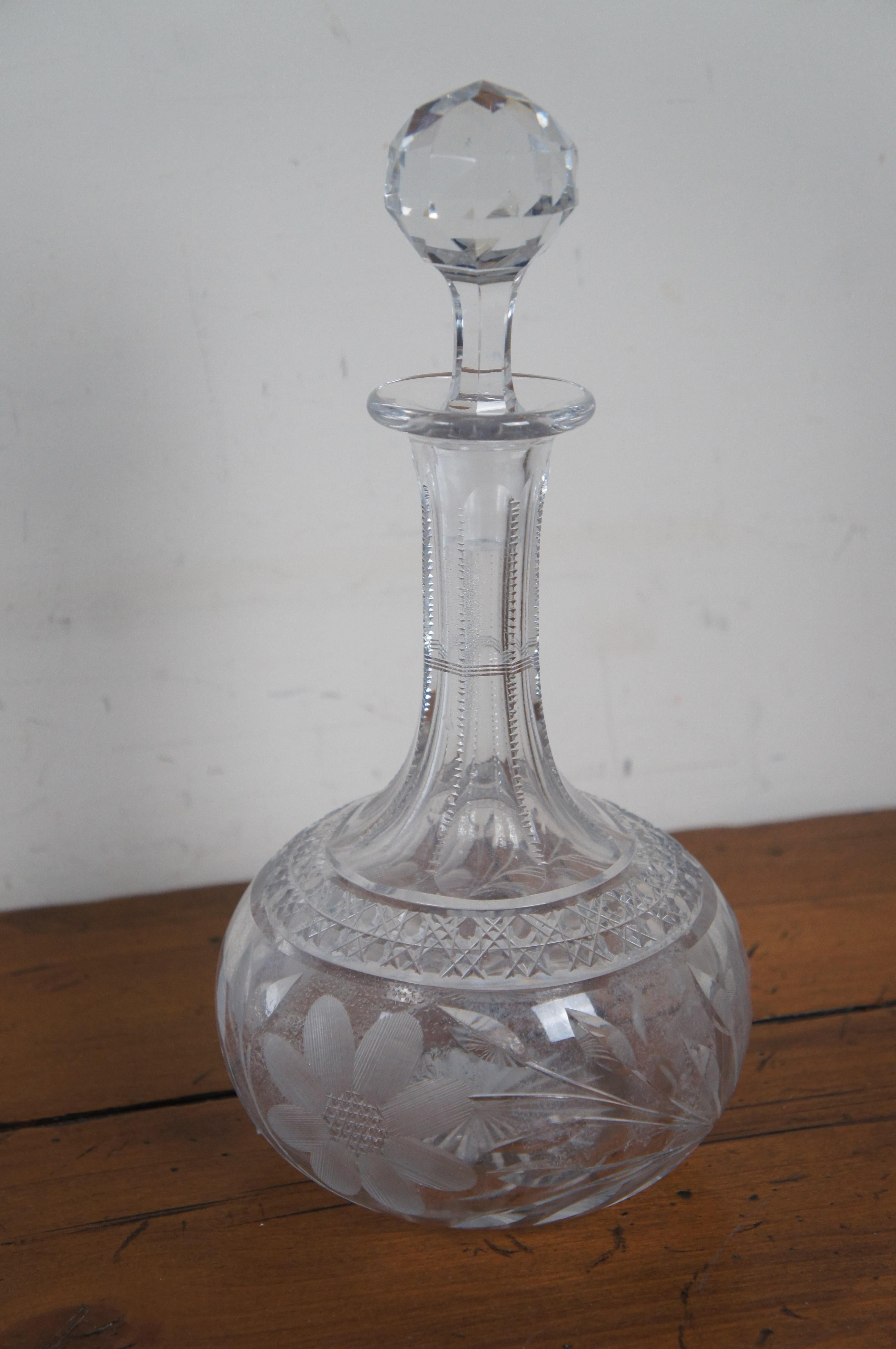 Antique Etched Floral Crystal Decanter Stopper Liquor Wine Whiskey Barware 12