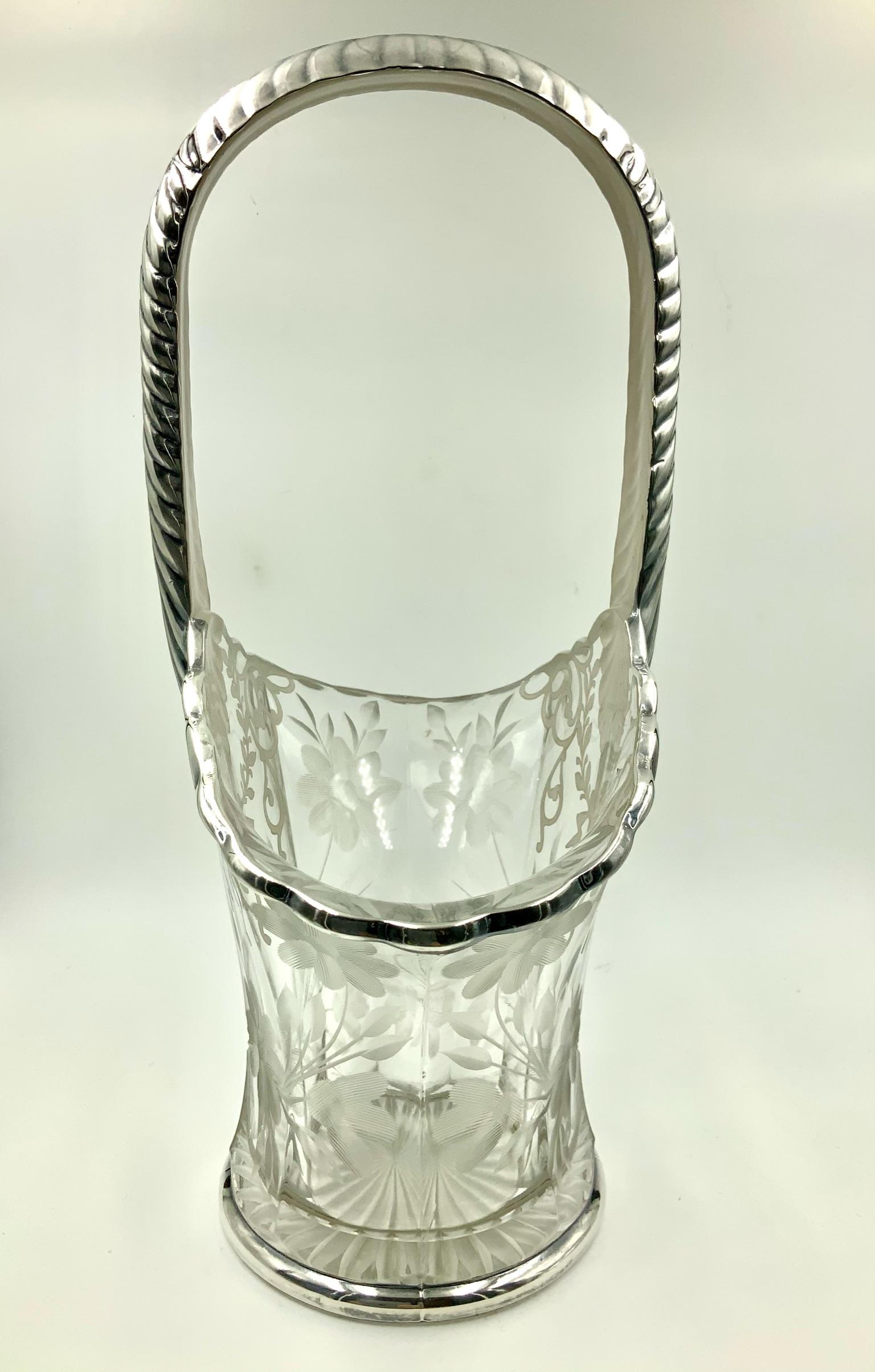Antique Etched Floral Sterling Silver Overlay Wedding Bride's Basket Vase In Good Condition For Sale In Miami Beach, FL