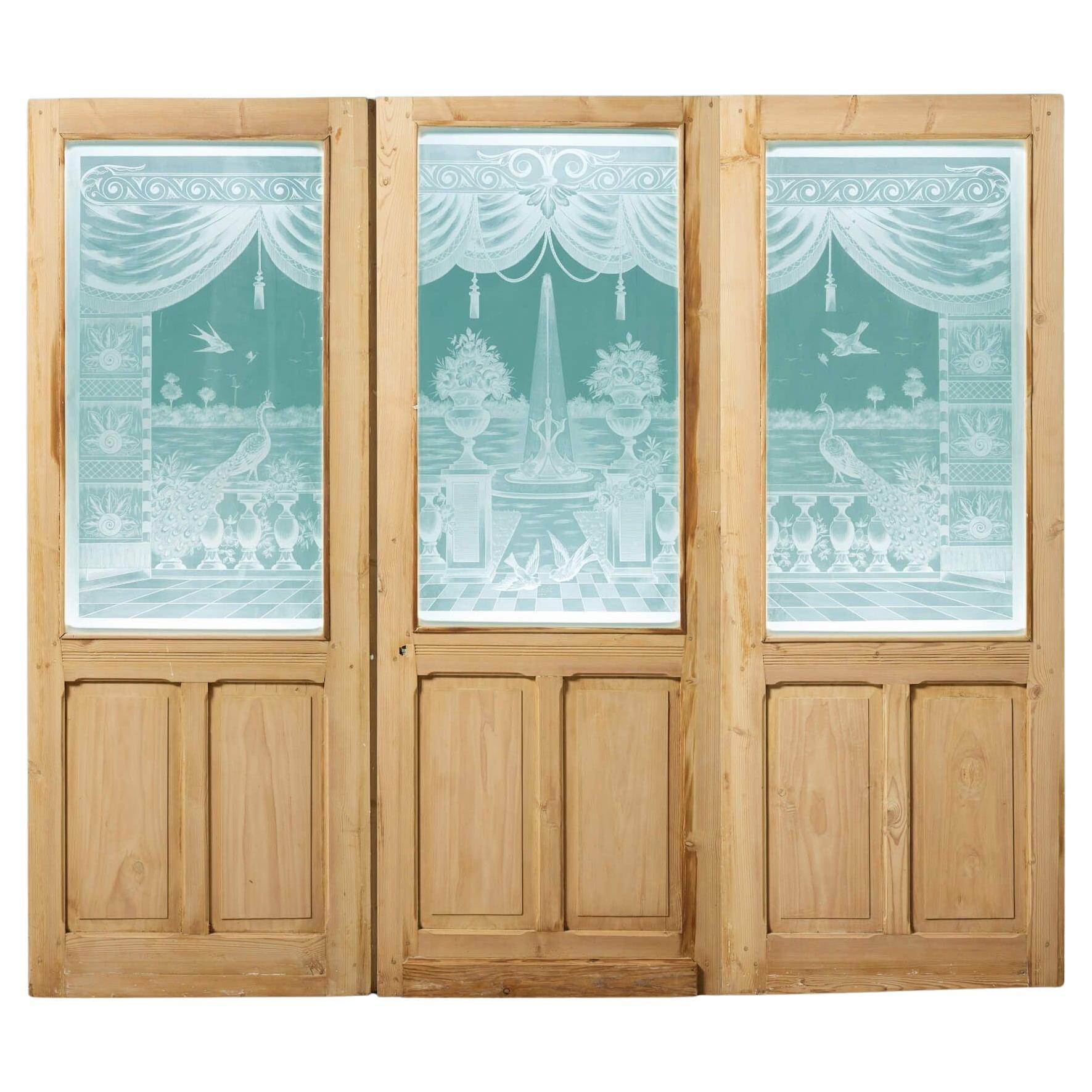 Antique Etched Glass 3 Panel Room Divider Doors