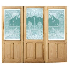 Used Etched Glass 3 Panel Room Divider Doors
