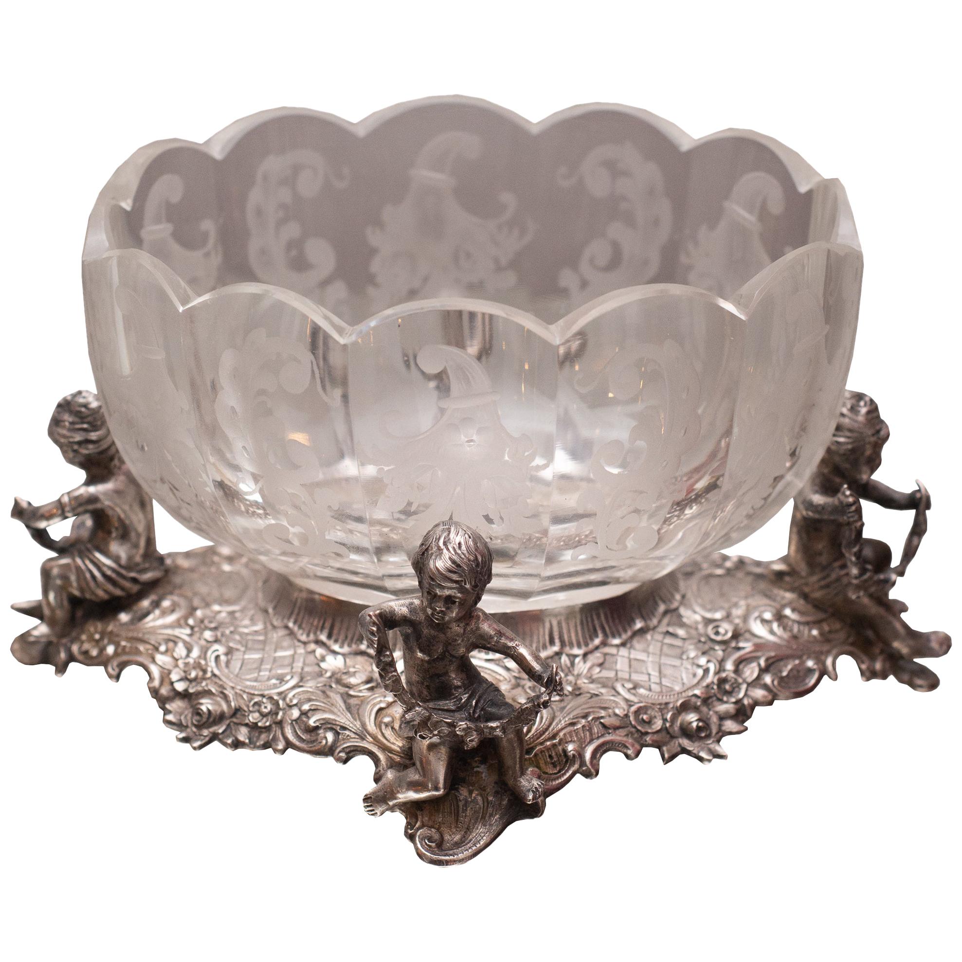 Antique Etched Glass Bowl on a 800 German Silver Bases with Cherubs For Sale