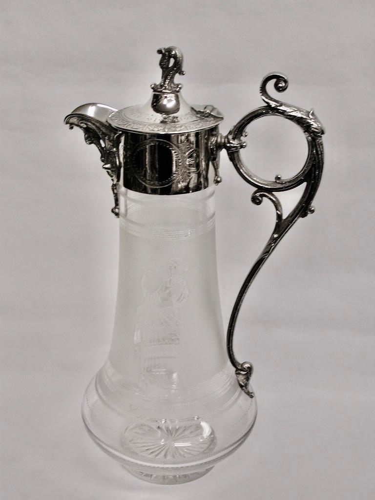 Victorian Antique Etched Glass Claret Jug with Silver Plated Top, Circa 1870 For Sale