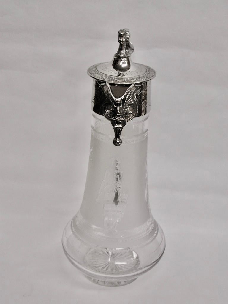 Antique Etched Glass Claret Jug with Silver Plated Top, Circa 1870 In Good Condition For Sale In London, GB