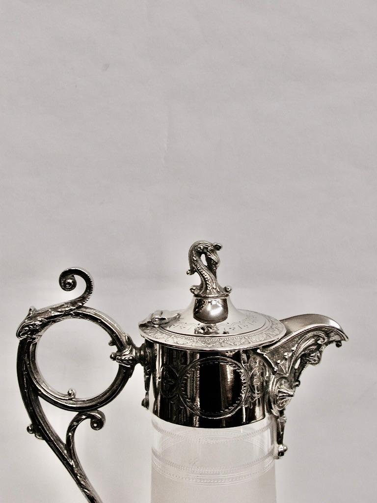 Late 19th Century Antique Etched Glass Claret Jug with Silver Plated Top, Circa 1870 For Sale