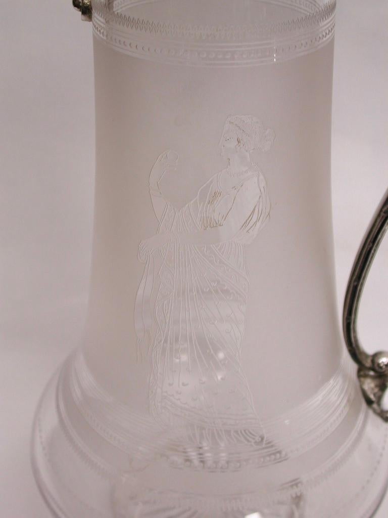 Antique Etched Glass Claret Jug with Silver Plated Top, Circa 1870 For Sale 1