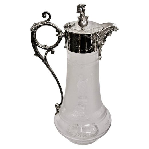 Antique Etched Glass Claret Jug with Silver Plated Top, Circa 1870