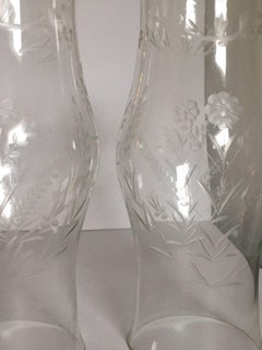 Antique Etched Glass Floral Garland Hurricanes, Pair