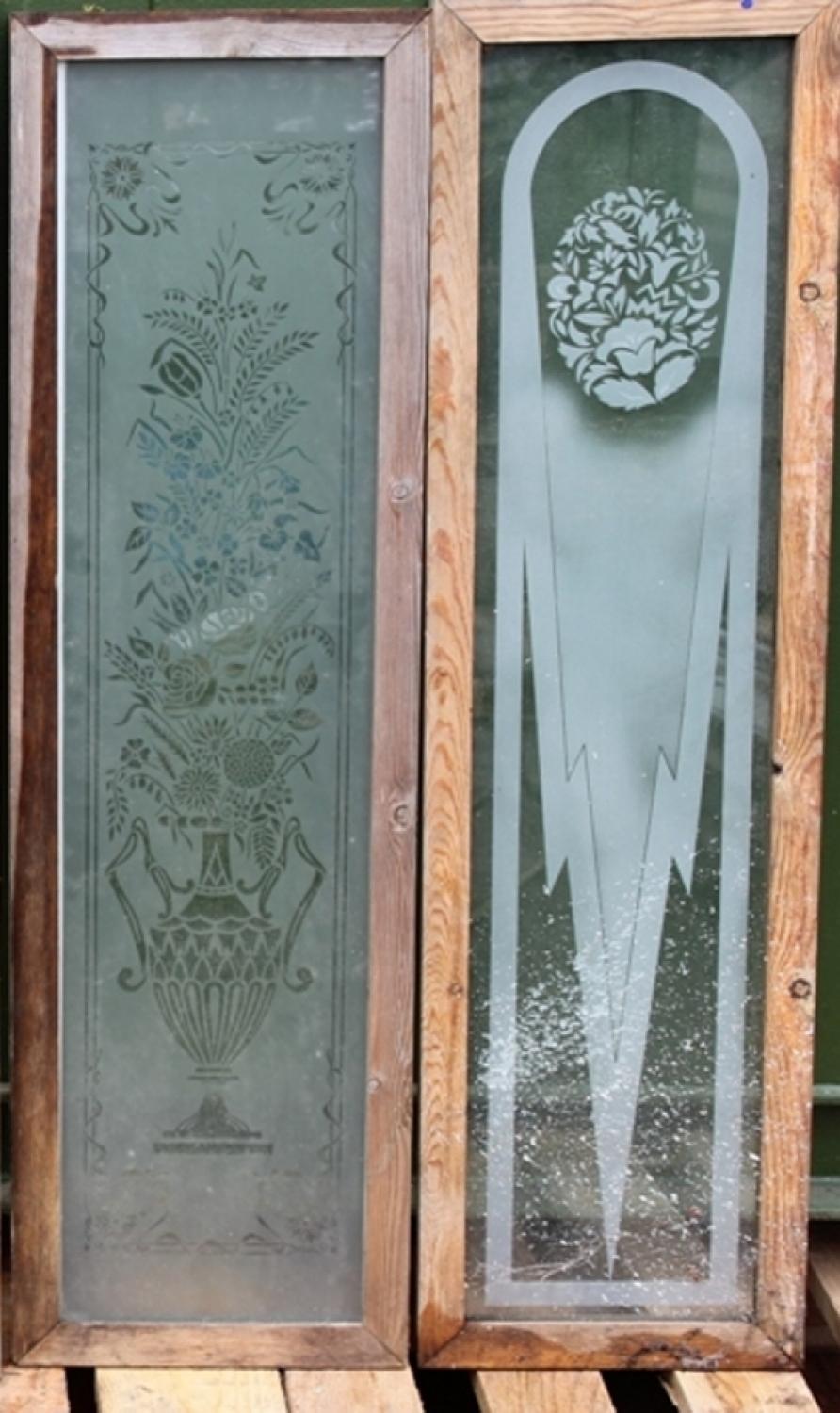 Two individual etched glass panels. Great for a pub or for when obscured glass is needed. Pine framed.

Right hand side sold.