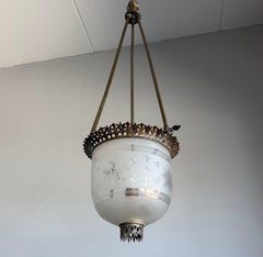 Antique Etched Glass Star Pattern Pendant Light Fixture with Bronze Gallery