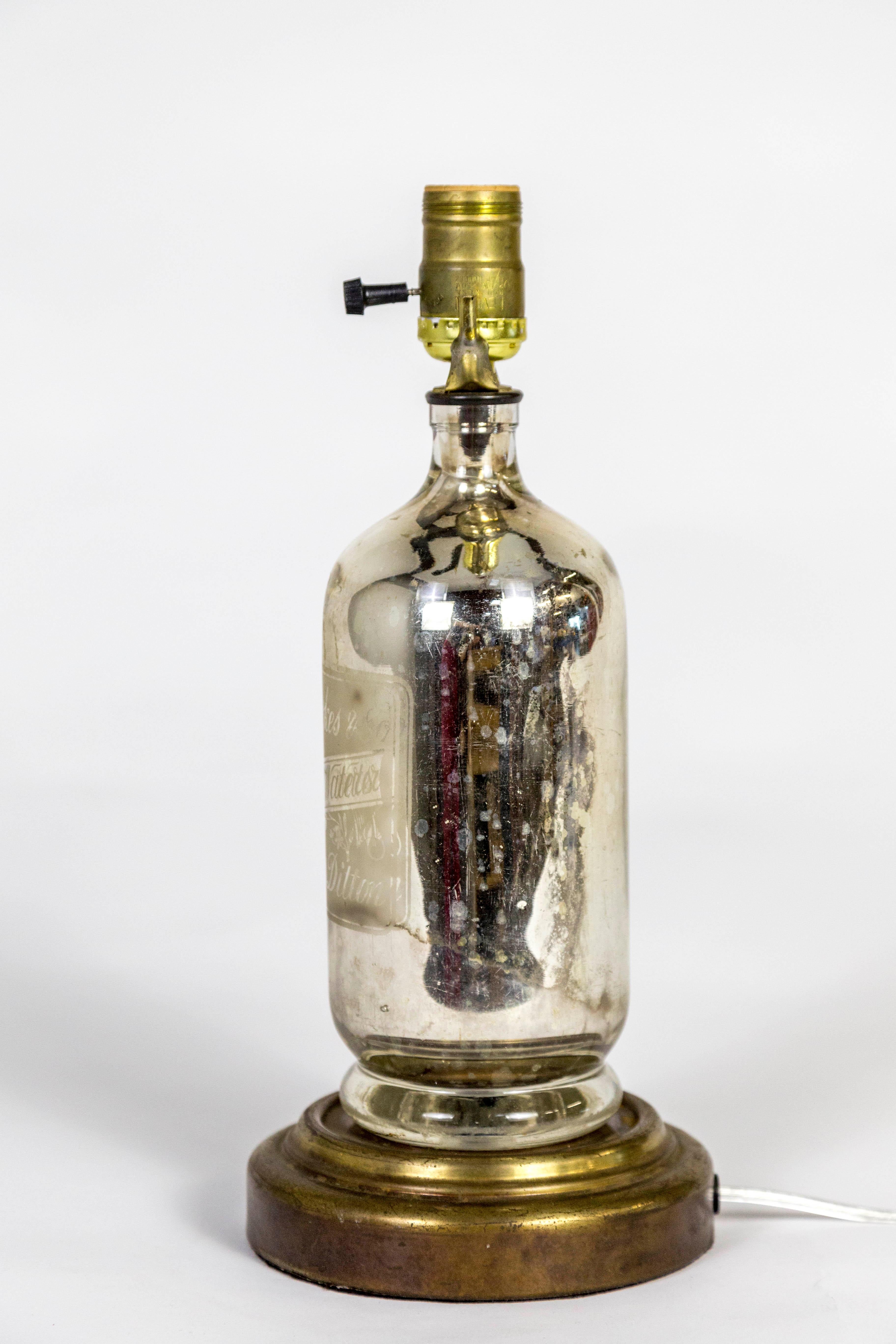 20th Century Antique Etched 'J.H. Hawkes' Mercury Glass Bottle Lamp on Gilt Base