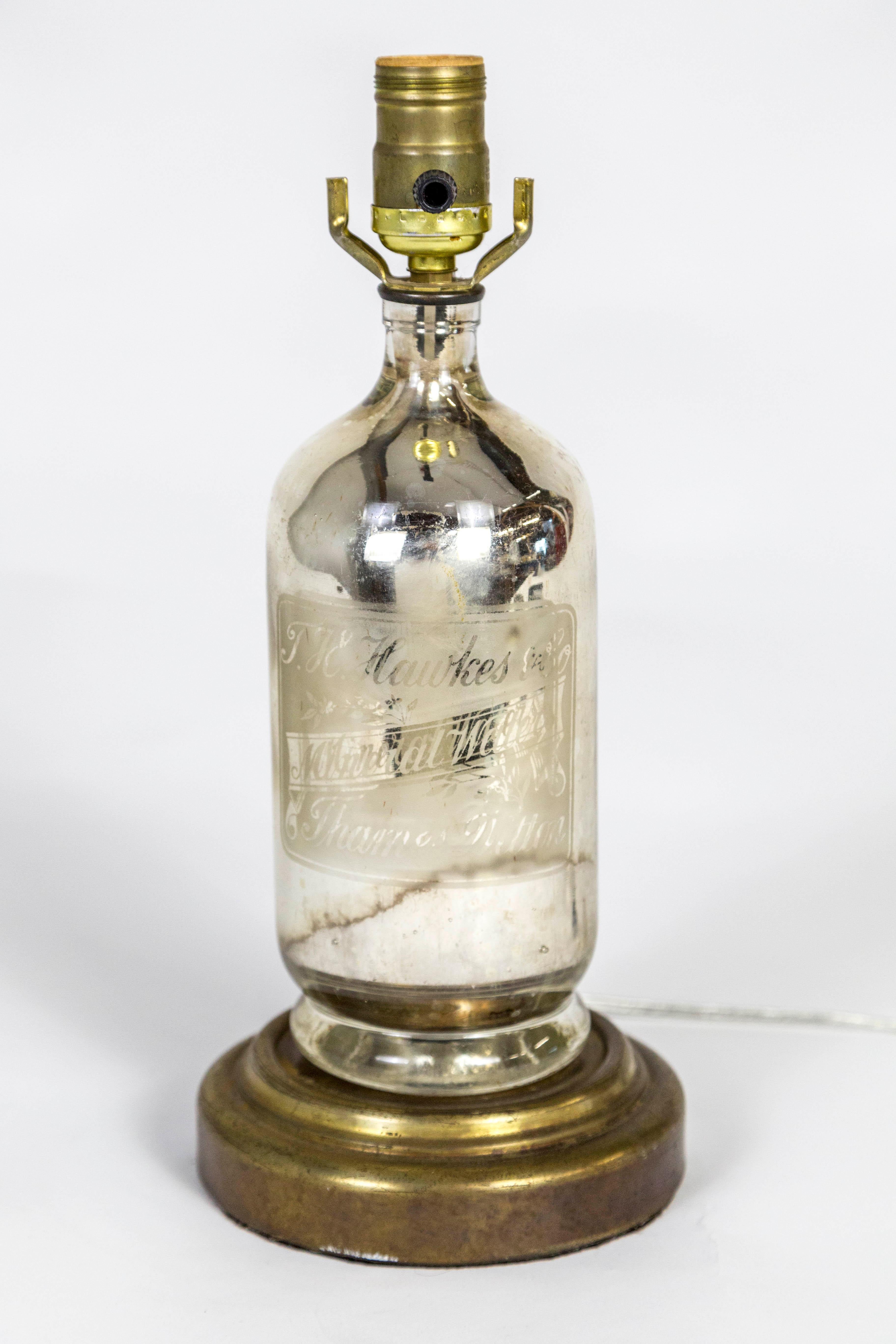 Antique Etched 'J.H. Hawkes' Mercury Glass Bottle Lamp on Gilt Base 1
