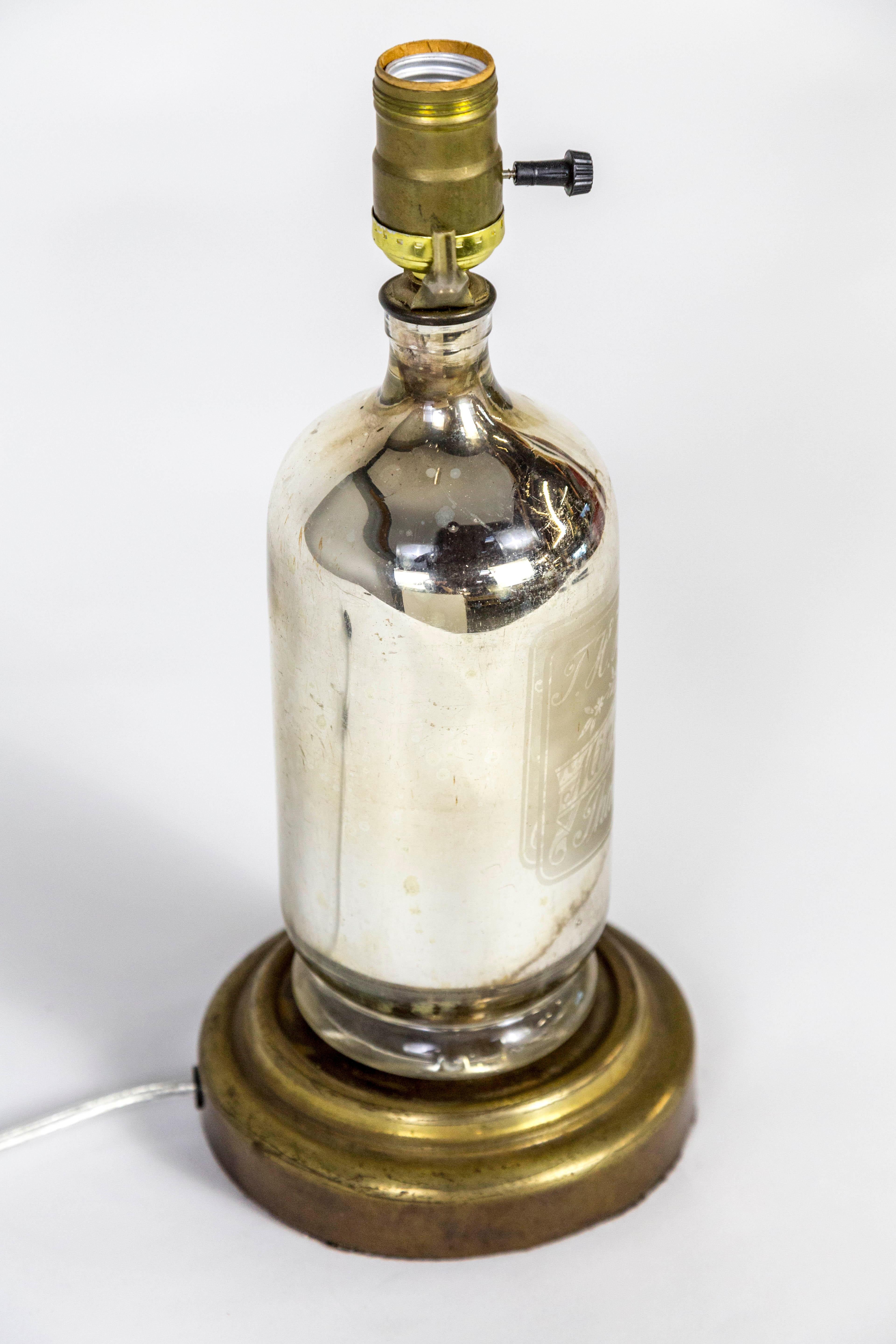 Antique Etched 'J.H. Hawkes' Mercury Glass Bottle Lamp on Gilt Base 2