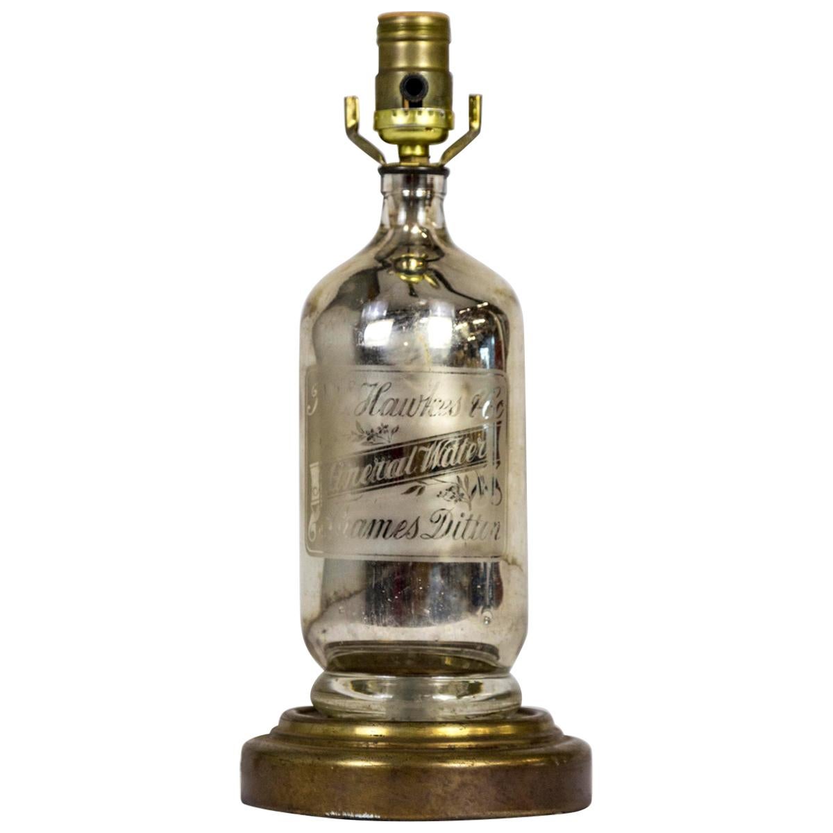 Antique Etched 'J.H. Hawkes' Mercury Glass Bottle Lamp on Gilt Base