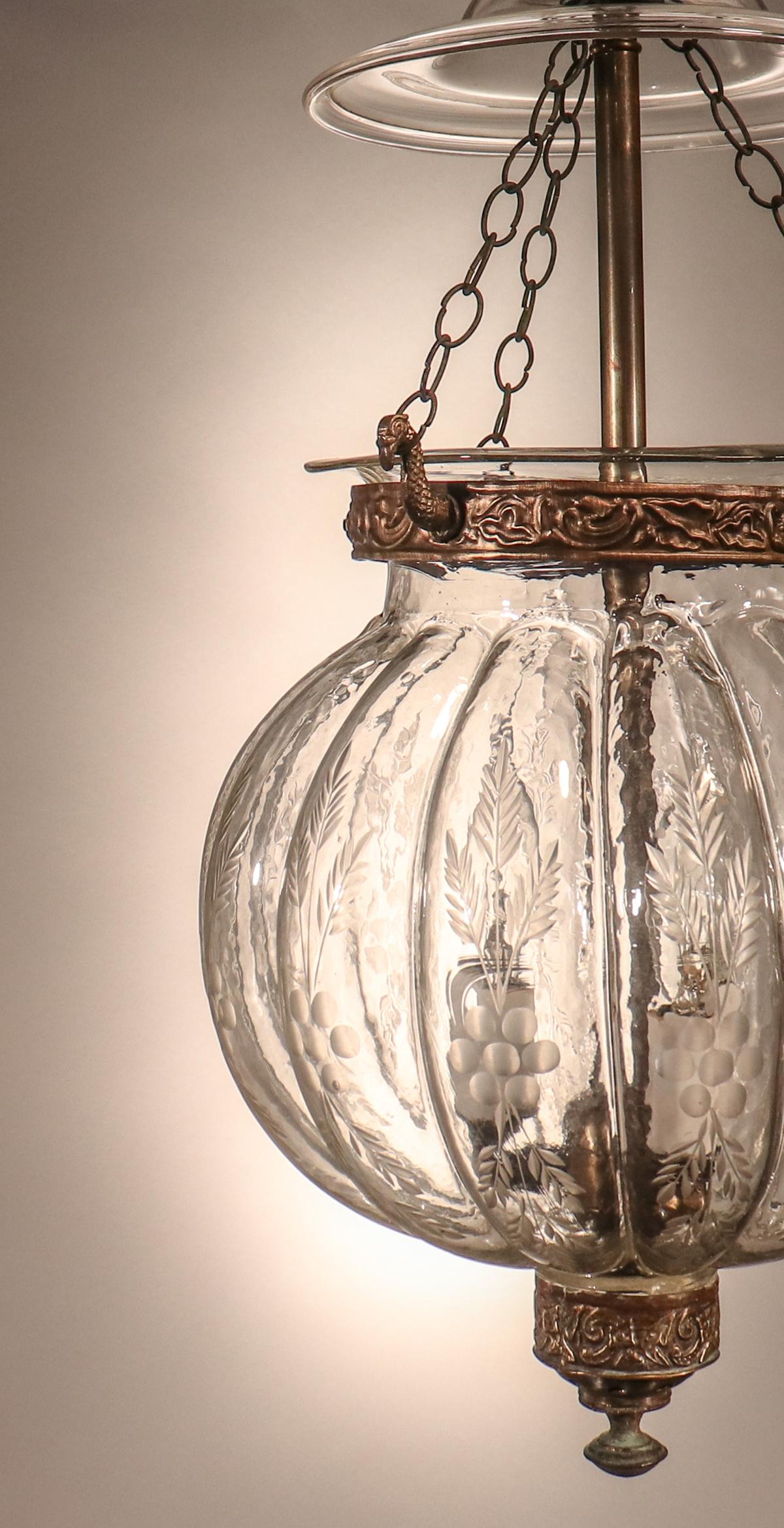Late Victorian Antique Etched Melon Bell Jar Lantern