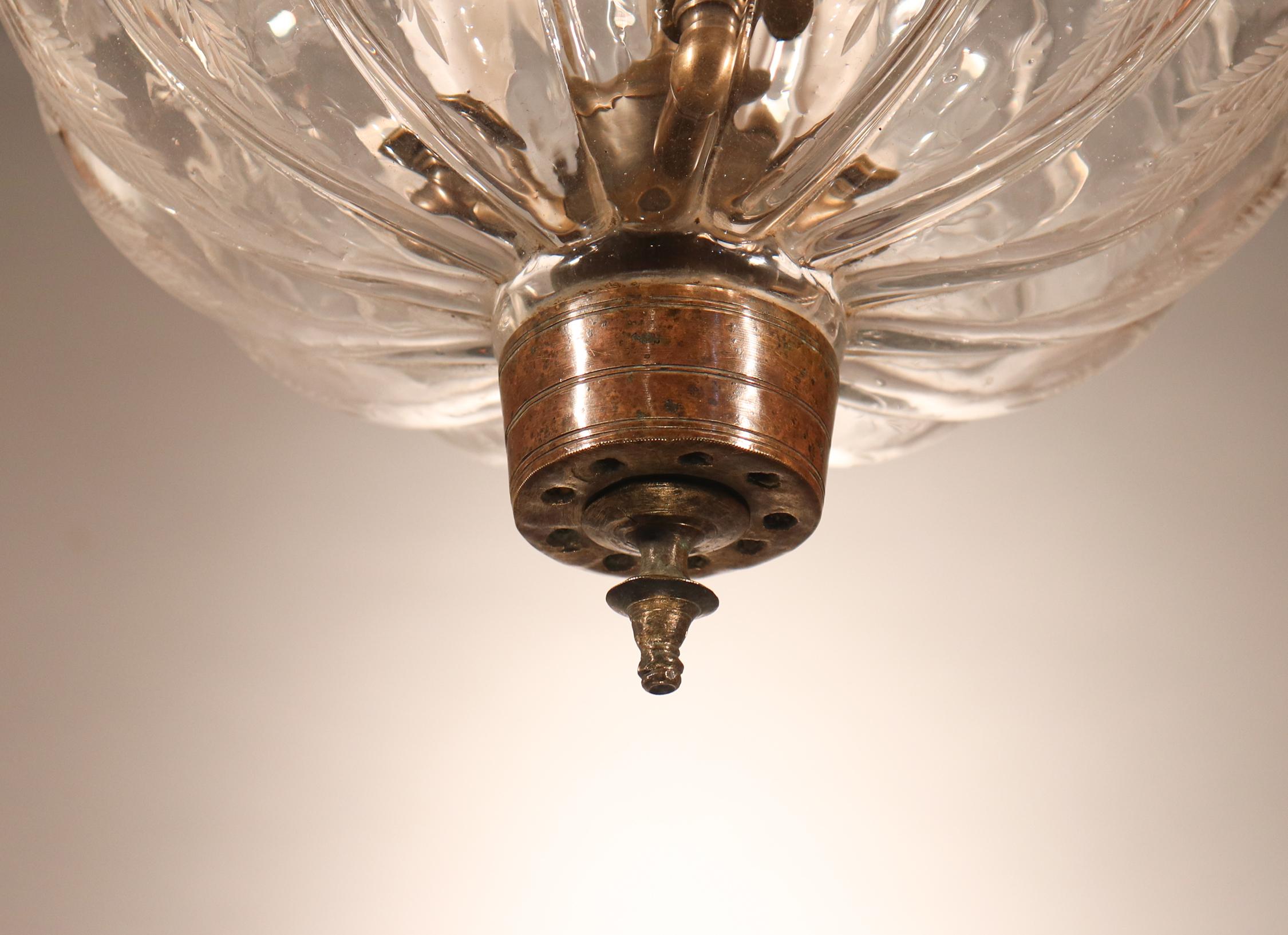 19th Century Antique Etched Melon Bell Jar Lantern