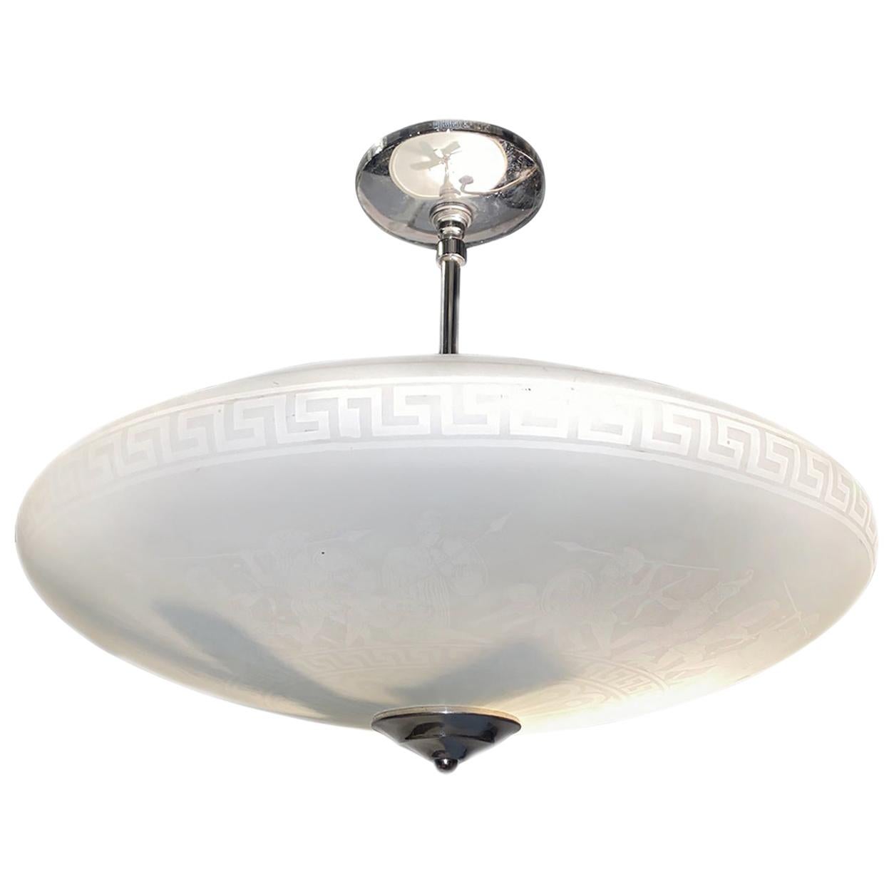 Antique Etched Milk Glass Light Fixture For Sale