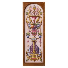 Antique Etched & Painted Floral Glass Window in Oak Frame