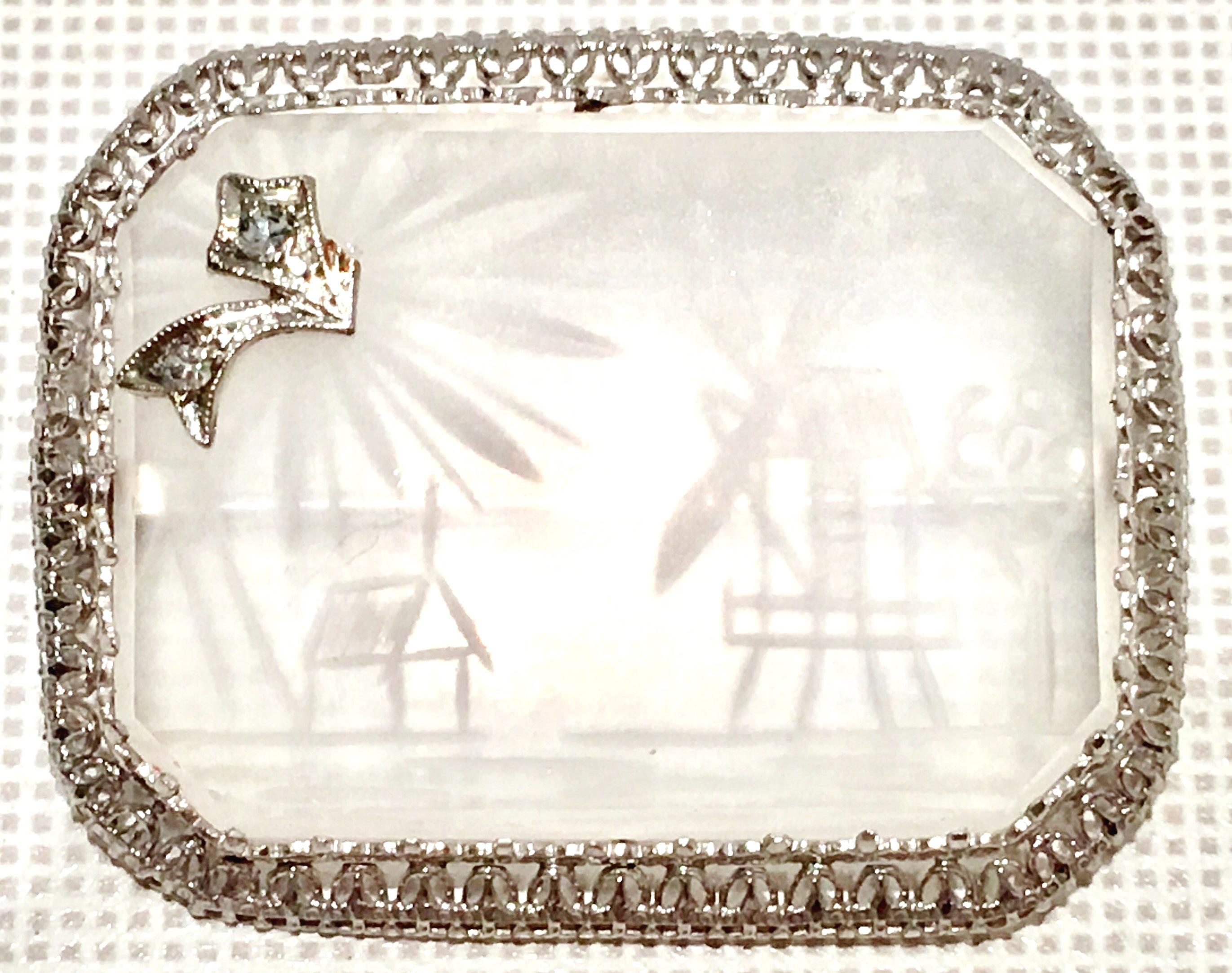 Antique Platinum Etched Crystal & Diamond Brooch In Good Condition For Sale In West Palm Beach, FL