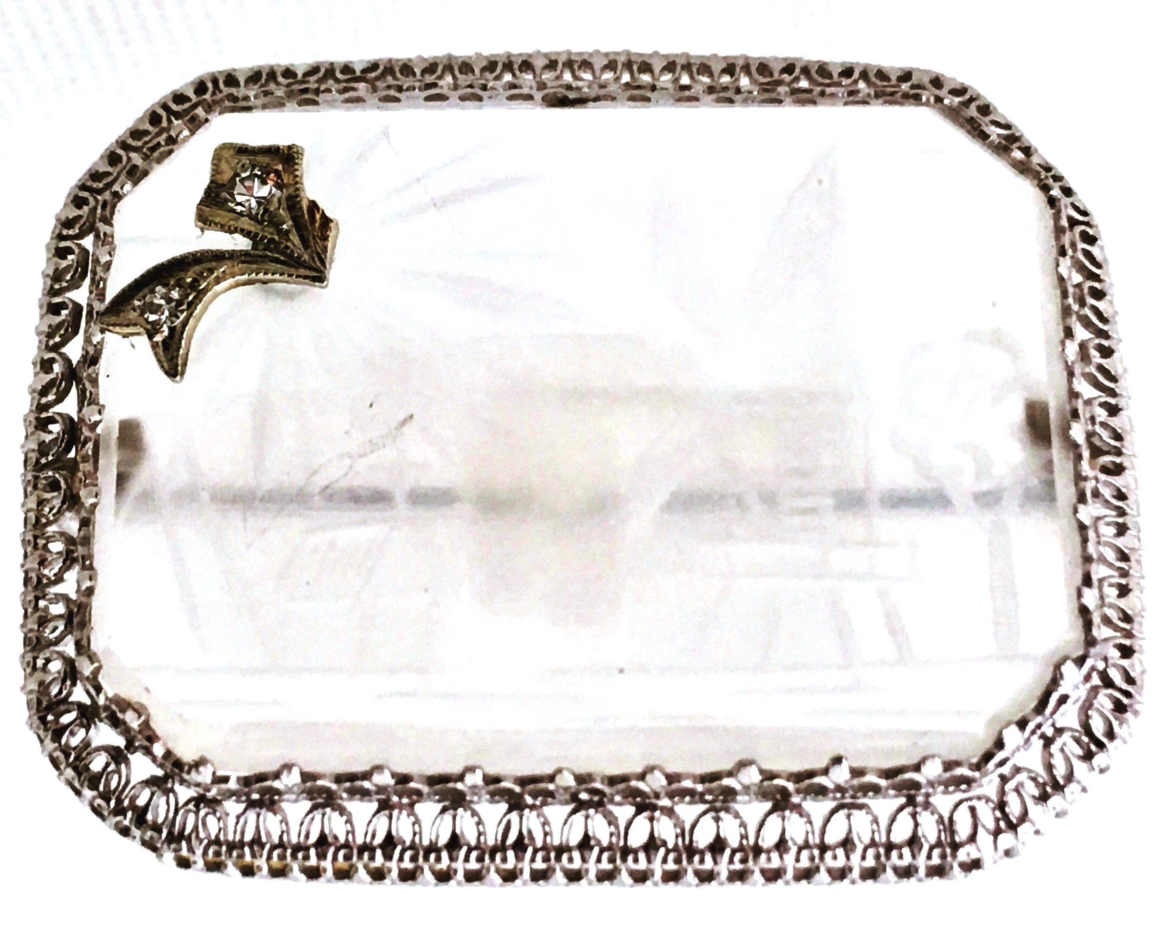 Women's or Men's Antique Platinum Etched Crystal & Diamond Brooch For Sale
