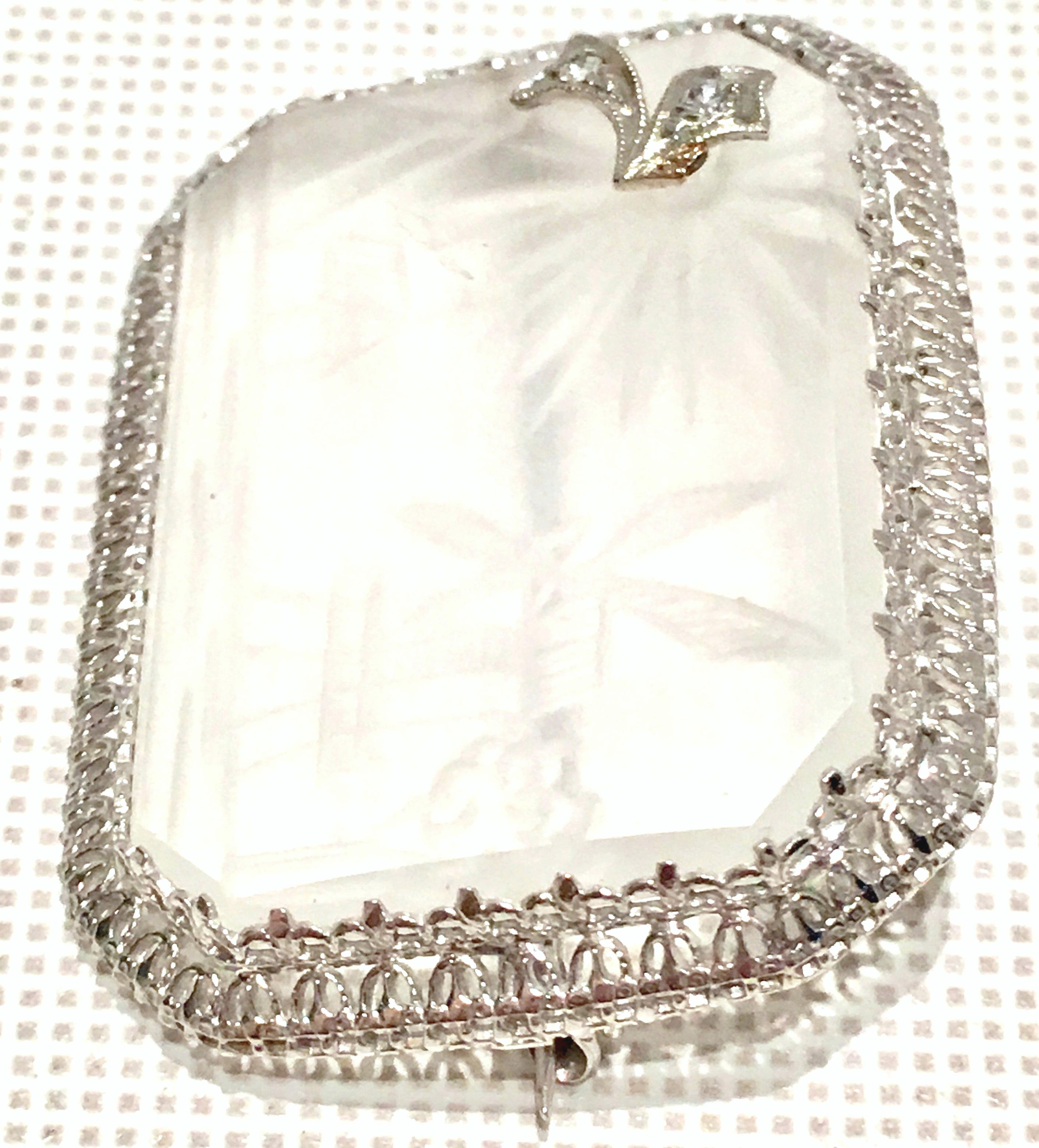 Antique Platinum Etched Crystal & Diamond Brooch For Sale 3