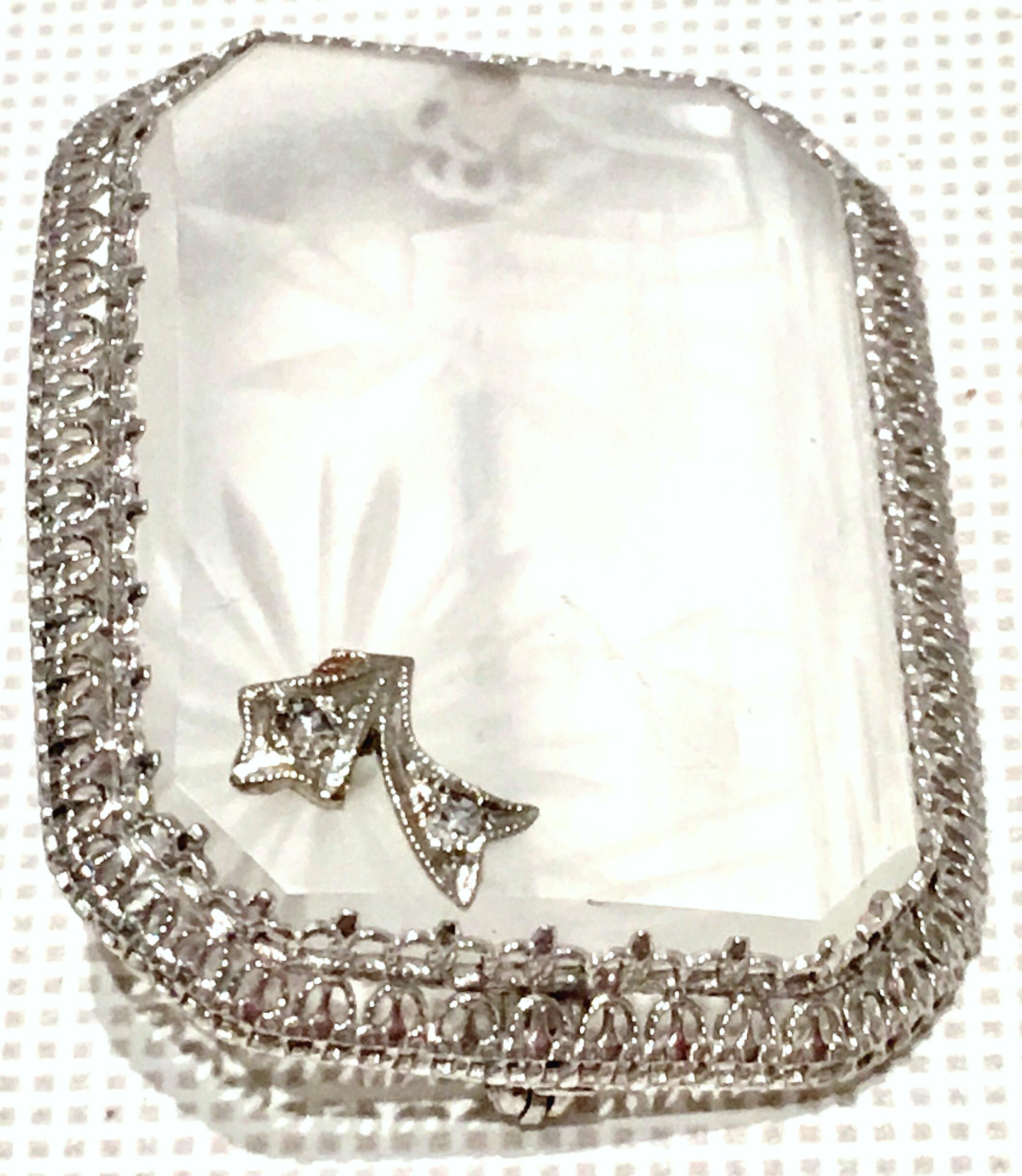 Antique Platinum Etched Crystal & Diamond Brooch For Sale 2