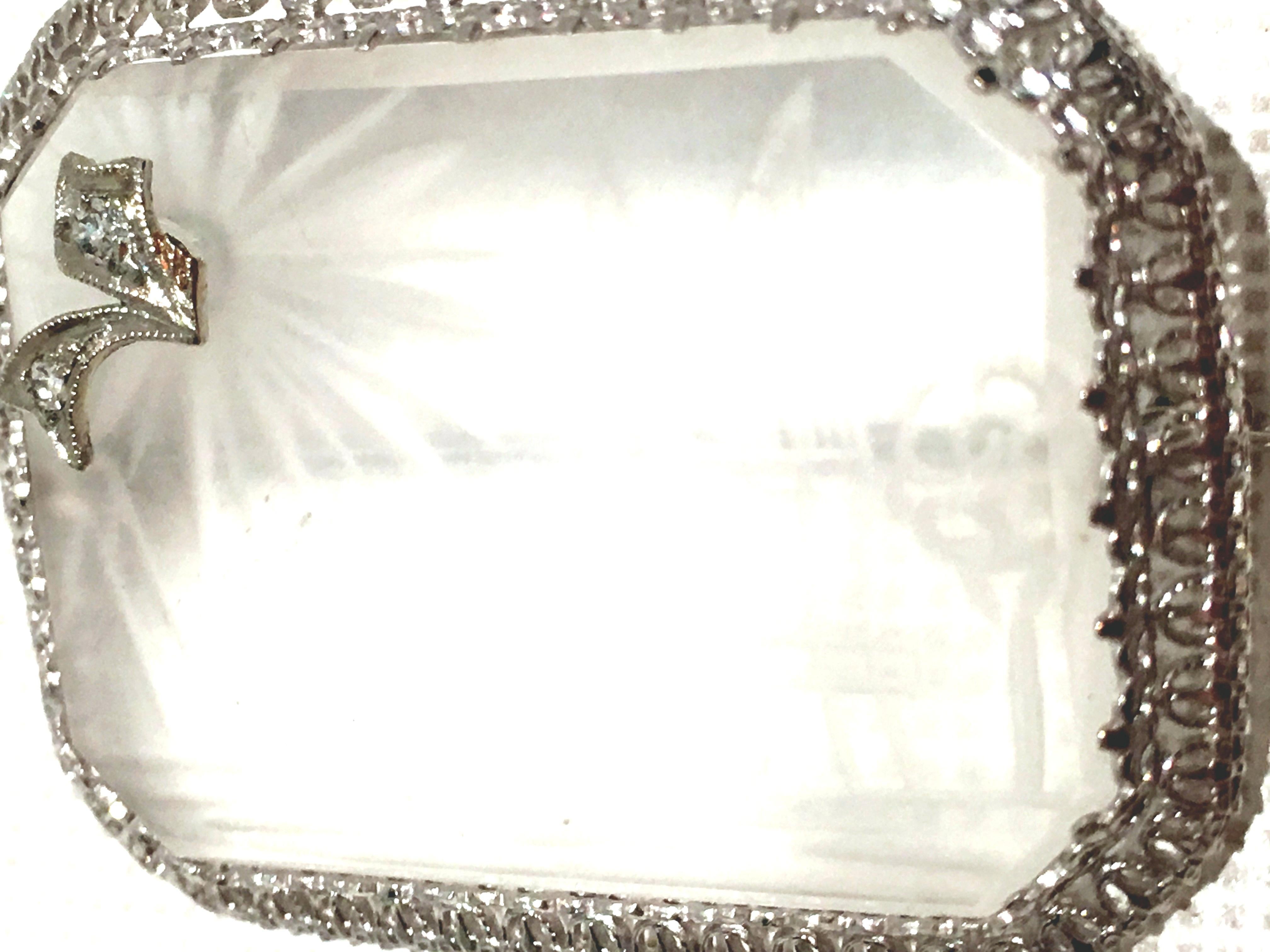 Antique Platinum Etched Crystal & Diamond Brooch For Sale 4