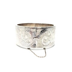 Antique Etched Sterling Silver Wide Bangle Bracelet