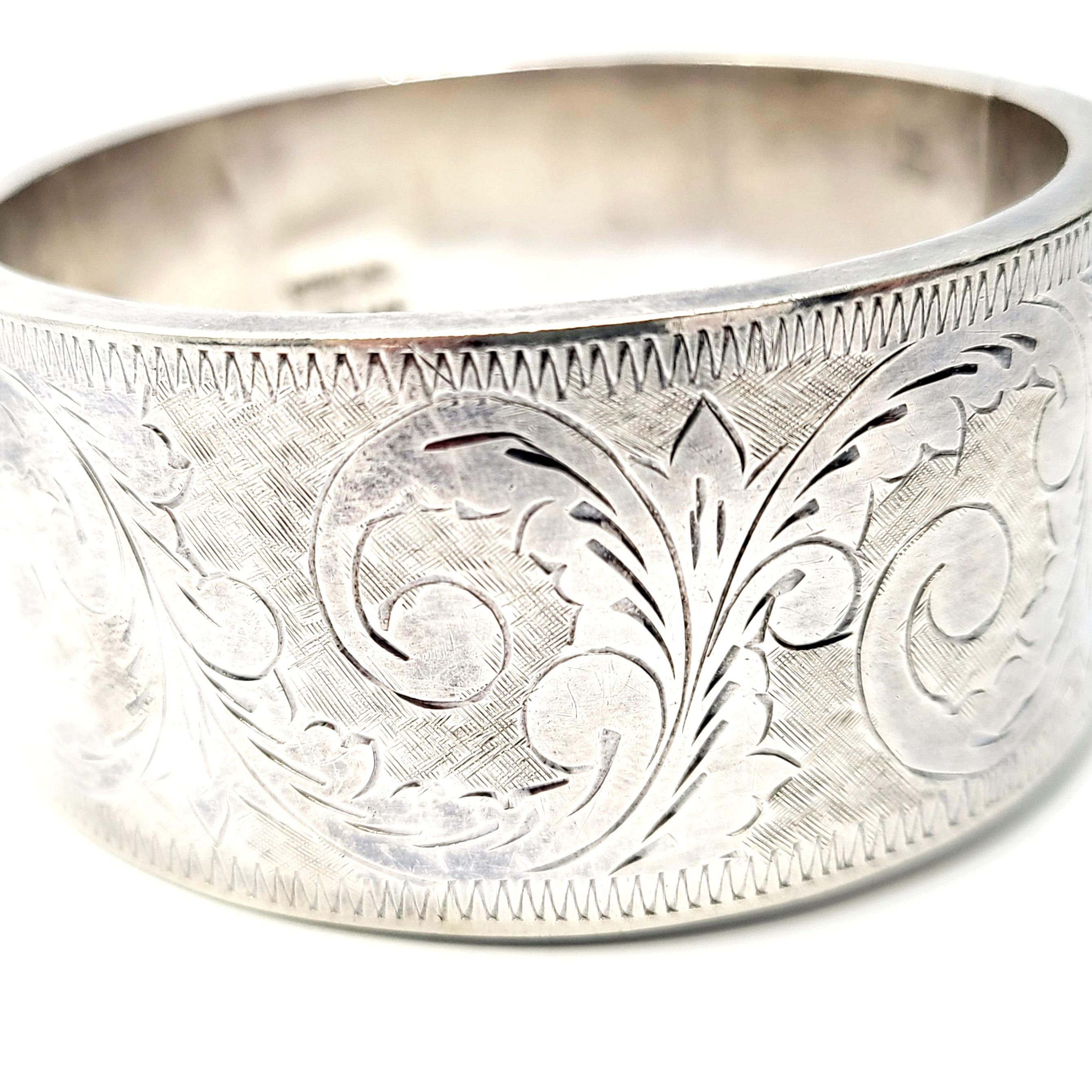 Women's Antique Etched Sterling Silver Wide Bangle Bracelet