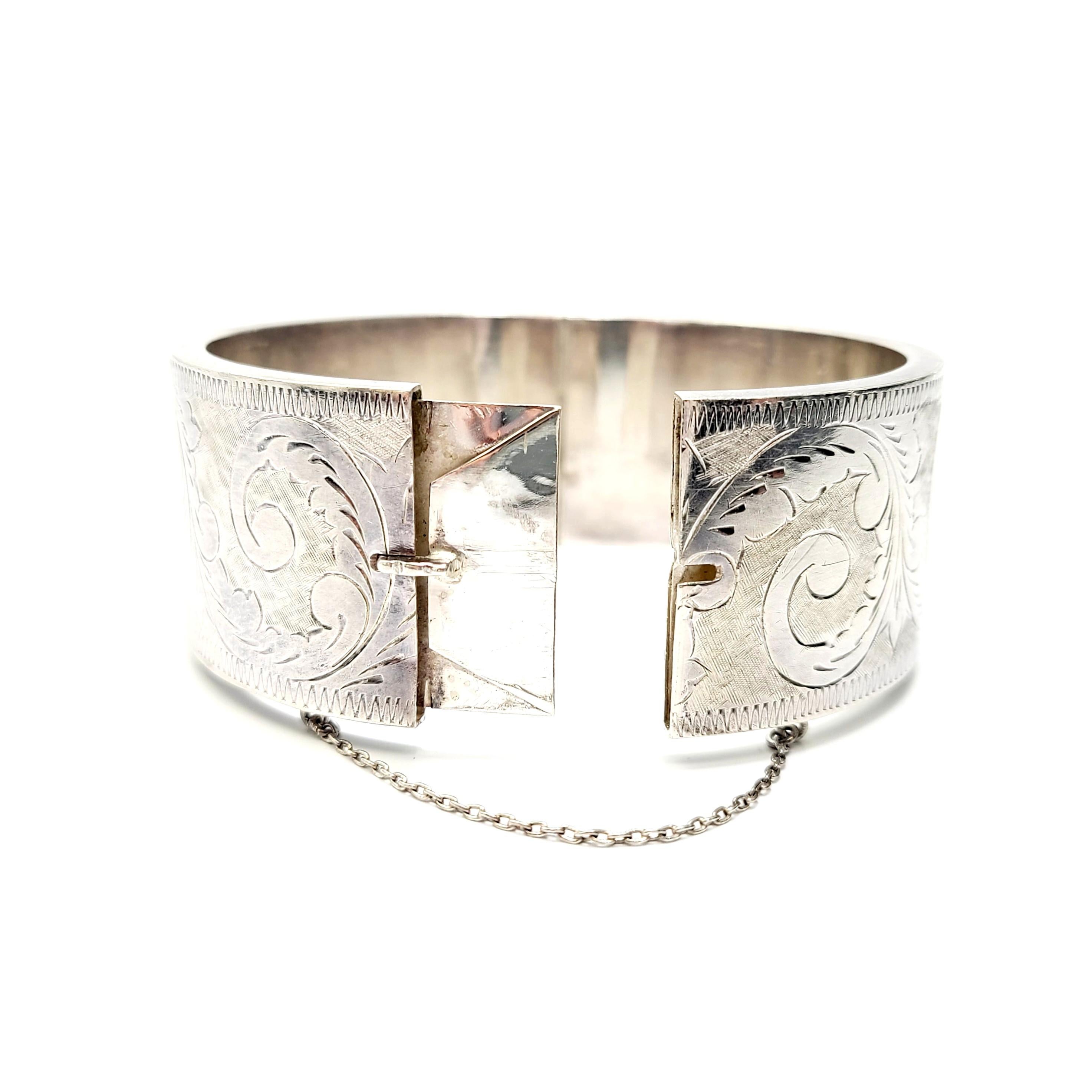 Antique Etched Sterling Silver Wide Bangle Bracelet 1