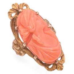 Antique Etched Yellow Gold Prong Set Carved Coral Cameo Ring
