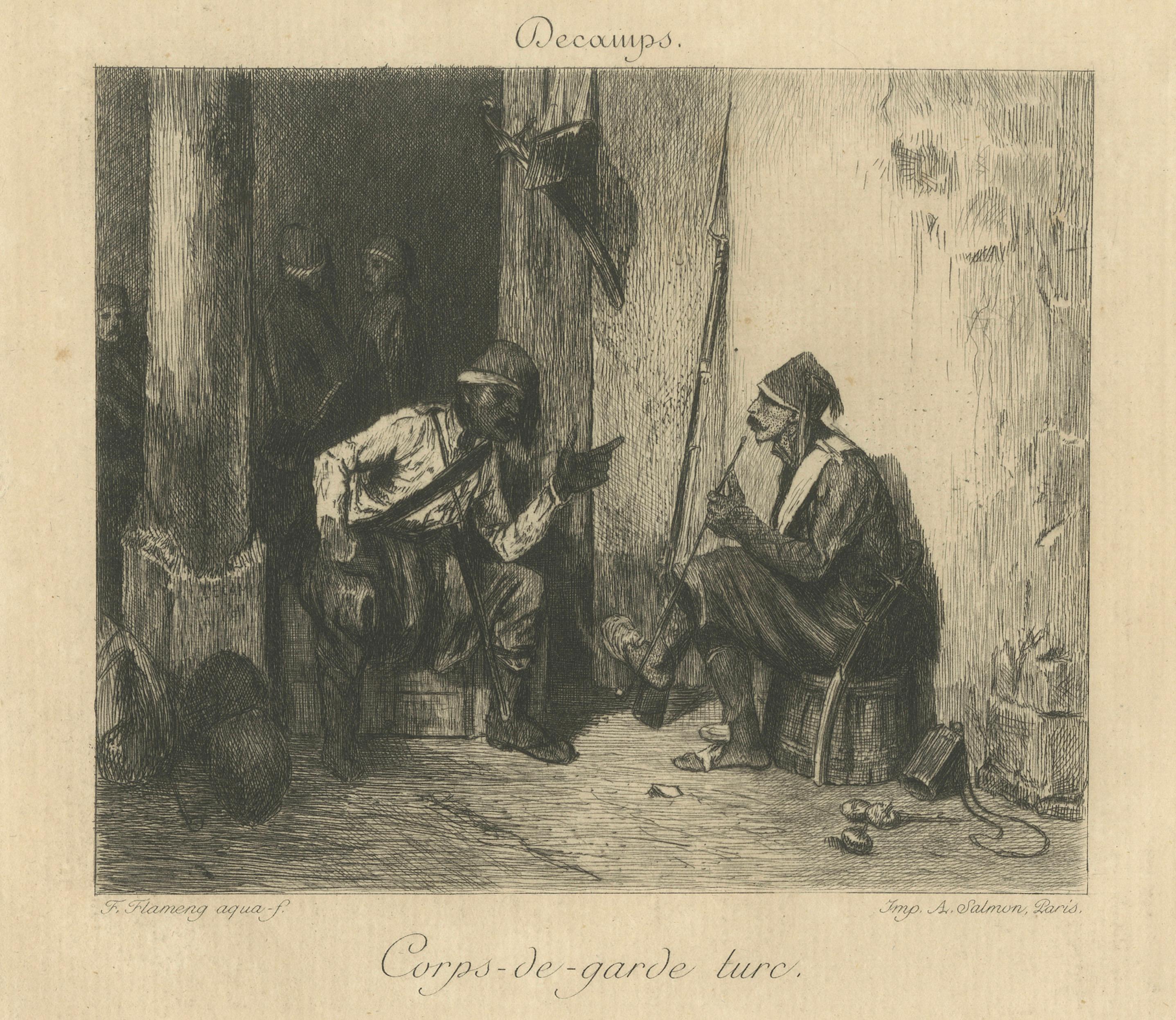 Antique Etching “Corps-de-garde turc” after Decamps, Flameng c1850