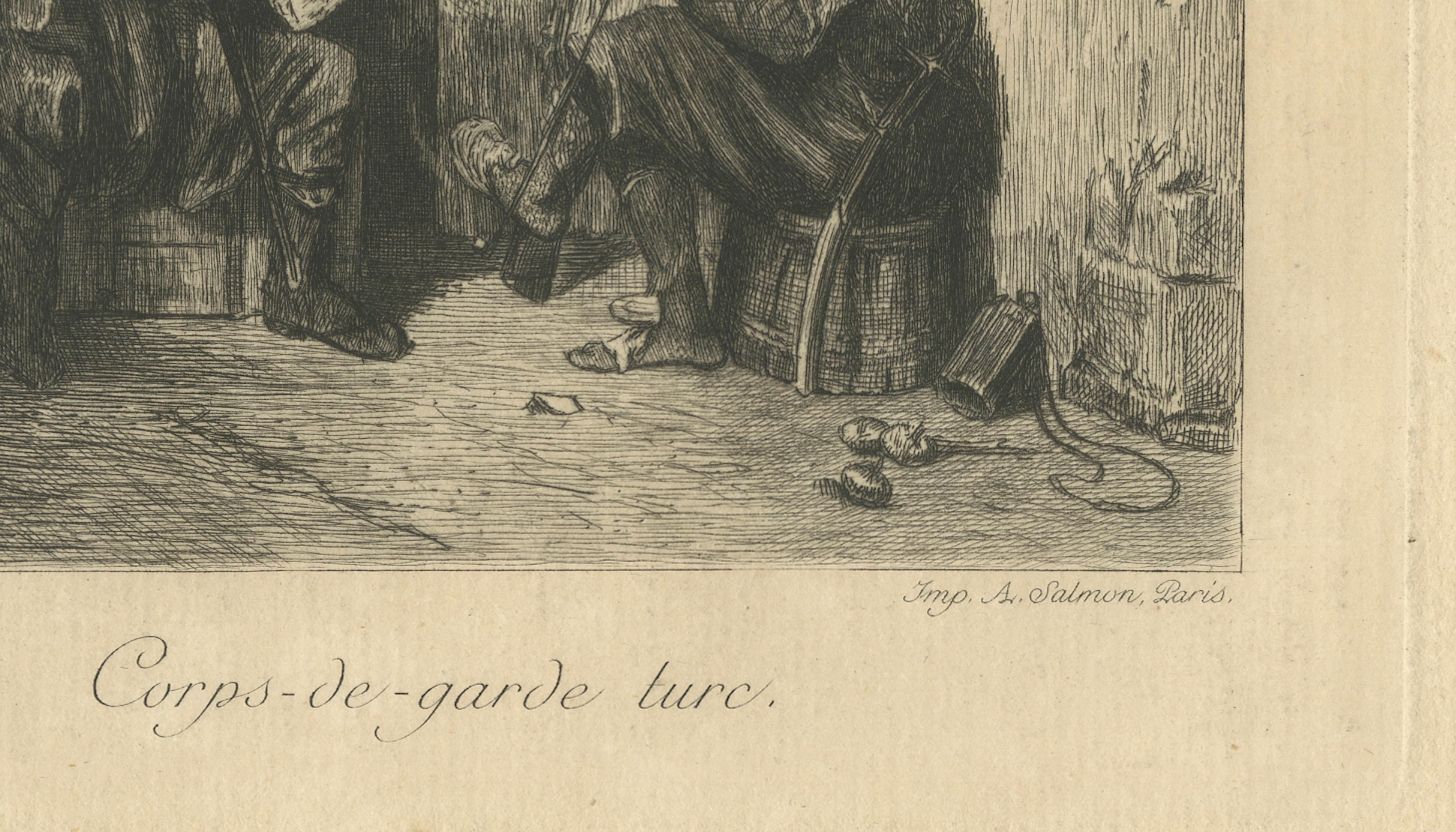 Antique Etching “Corps-de-garde turc” after Decamps, Flameng c1850