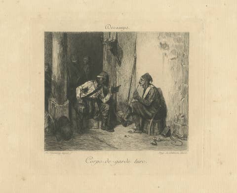 Antique Etching “Corps-de-garde turc” after Decamps, Flameng c1850