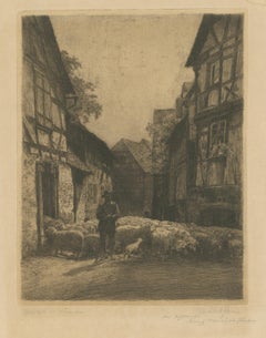 Antique etching: German Village, Shepherd & Flock, signed ‘Conrad Rau’, ca.1920