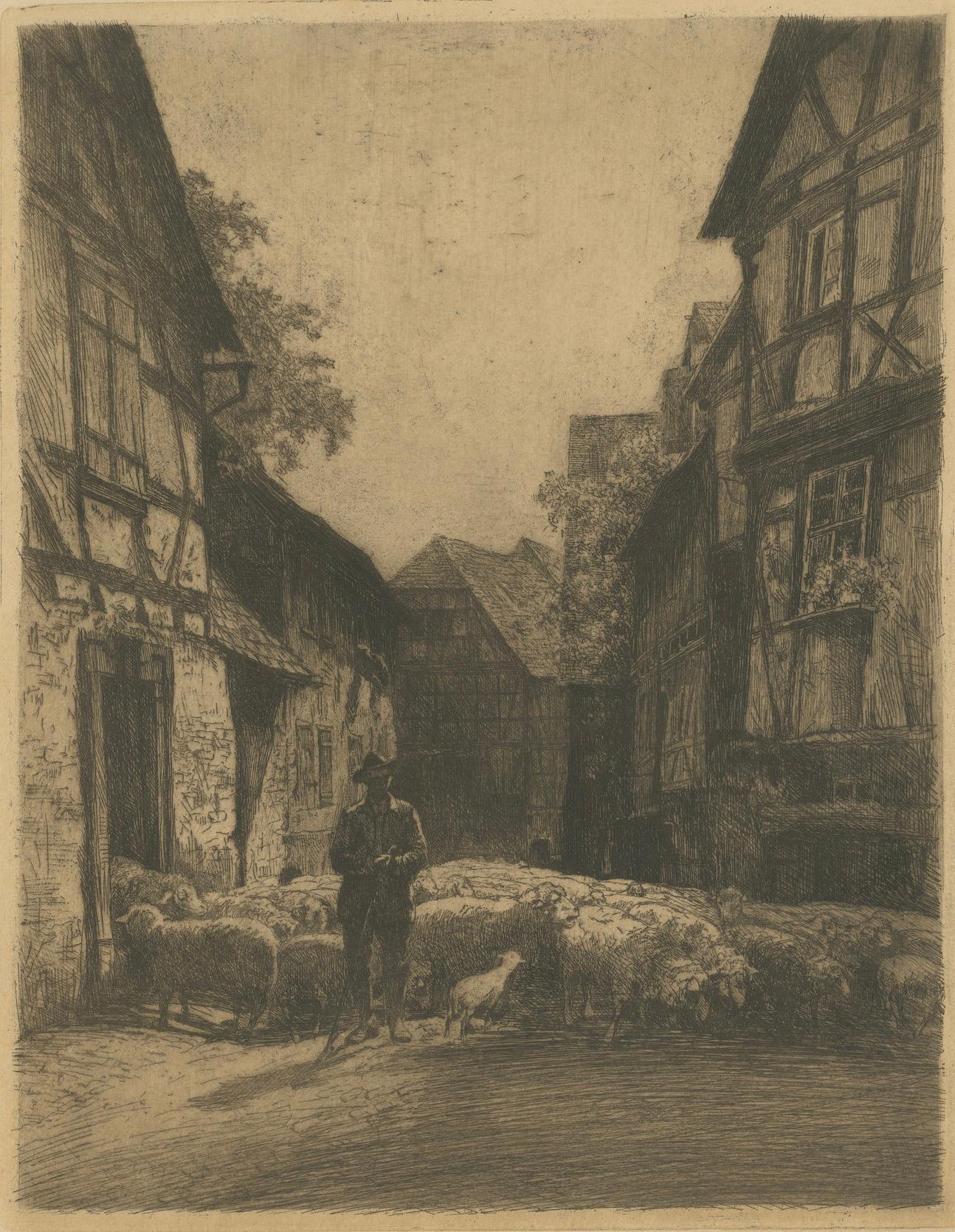 Tedesco Acquaforte antica: Villaggio tedesco, pastore e gregge, firmata 'Conrad Rau', 1920 ca. in vendita
