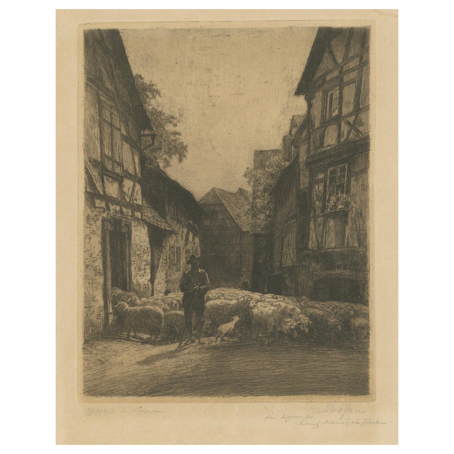 Acquaforte antica: Villaggio tedesco, pastore e gregge, firmata 'Conrad Rau', 1920 ca. in vendita