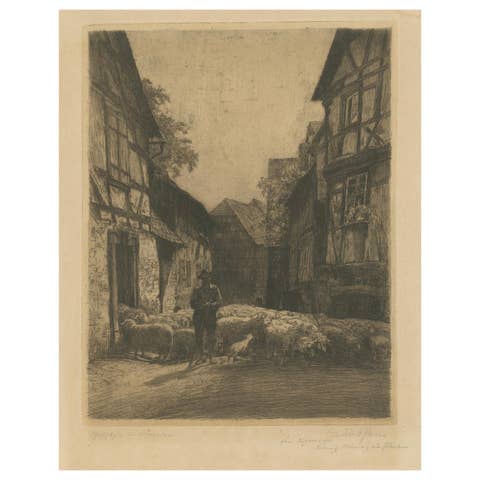 Antique etching: German Village, Shepherd & Flock, signed ‘Conrad Rau’, ca.1920