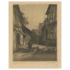 Antike Radierung: Deutsches Dorf, Hirte und Herde, signiert 'Conrad Rau', ca.1920