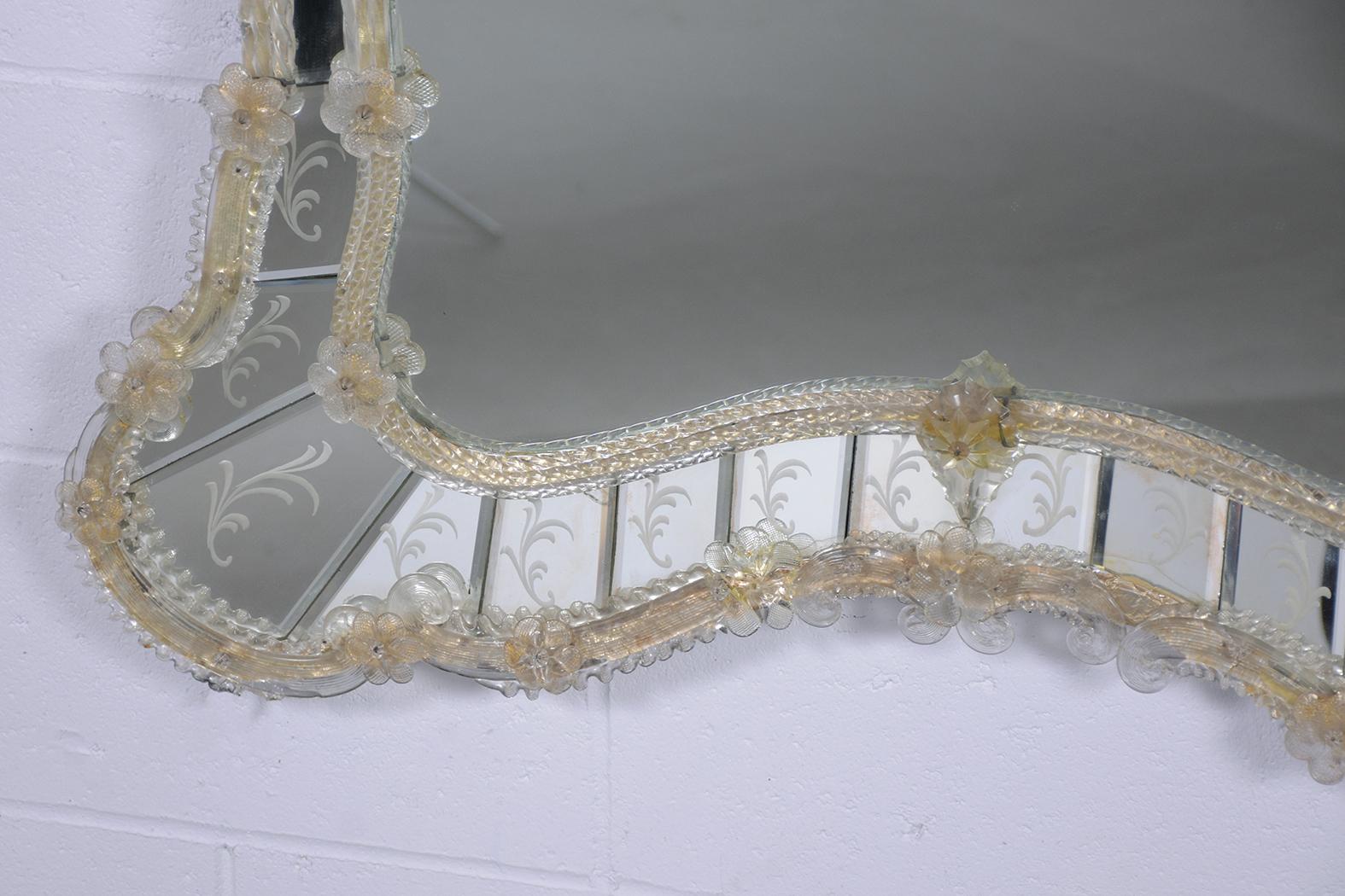 Vintage Italian Hand-Crafted Mirror with Etched Leaf Design & Murano Glass 3