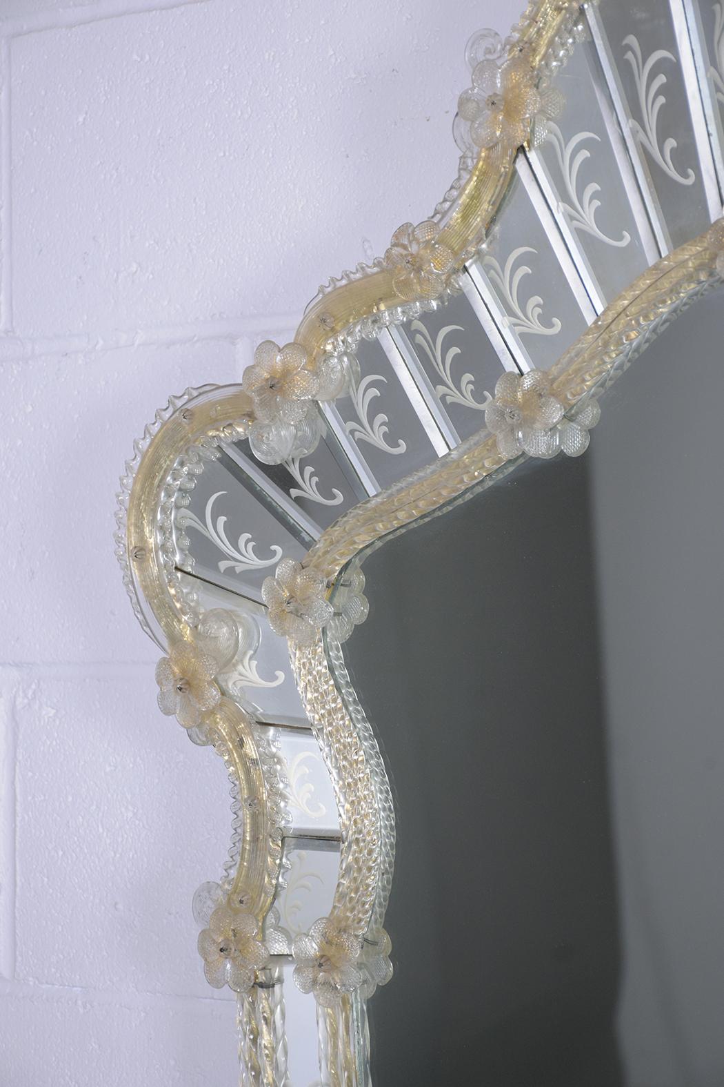 Early 20th Century Vintage Italian Hand-Crafted Mirror with Etched Leaf Design & Murano Glass