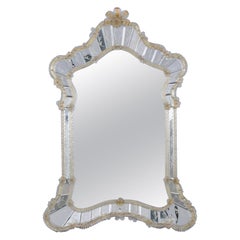 Vintage Italian Hand-Crafted Mirror with Etched Leaf Design & Murano Glass