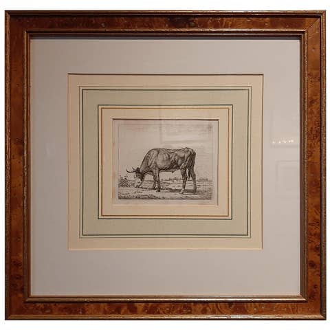 Antique Etching of a Grazing Cow by Van Troostwijk, Framed, 1810