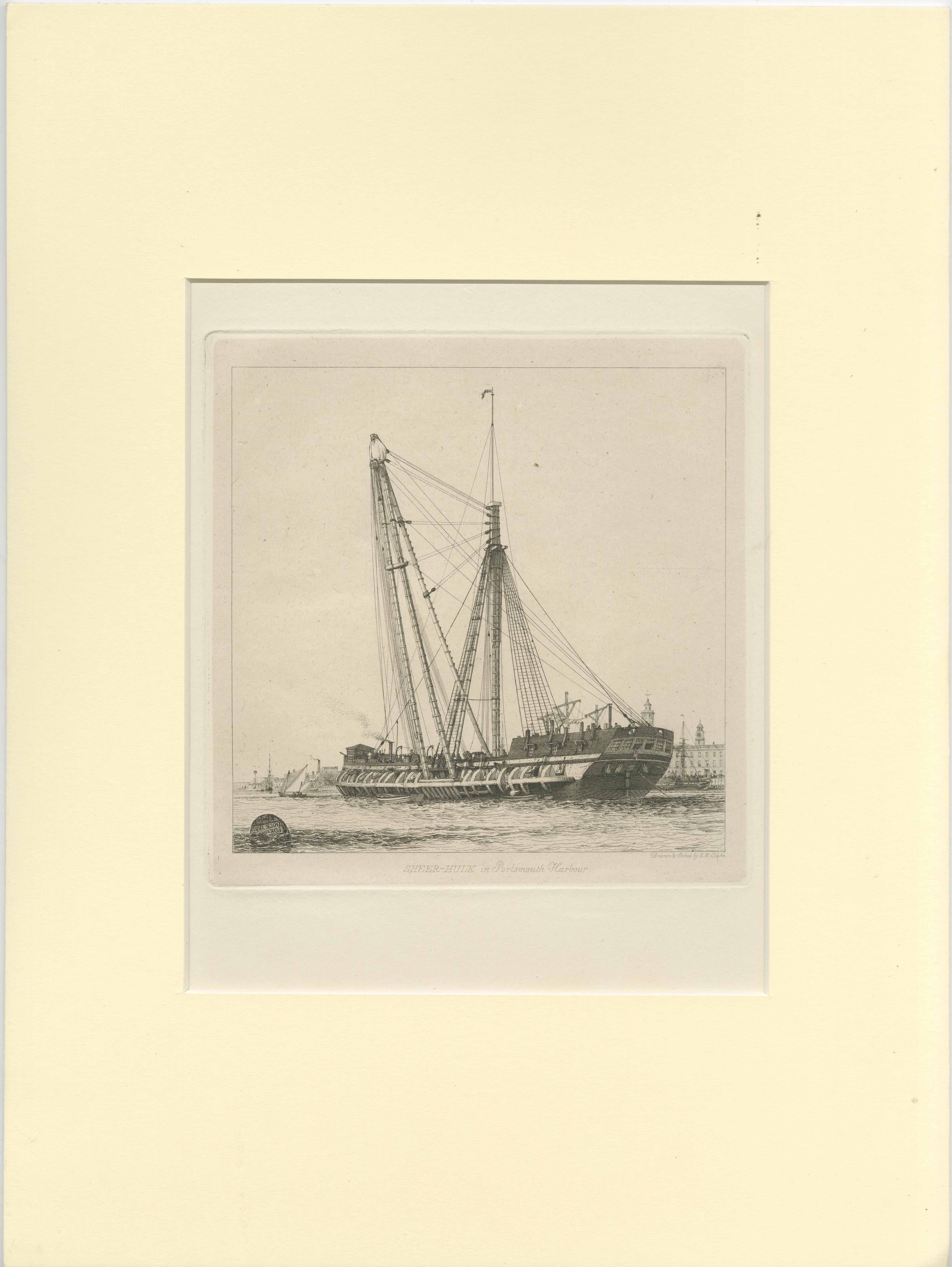 Antique print titled 'Sheer-Hulk in Portsmouth Harbour'. A fine etching by Edward William Cooke showing a sheer hulk (or shear hulk). It was used in shipbuilding and repair as a floating crane. This print originates from 'Fifty Plates of Shipping