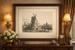 Antique Etching of Bruges Windmills and Canal Bridge – Ernest George, 1876