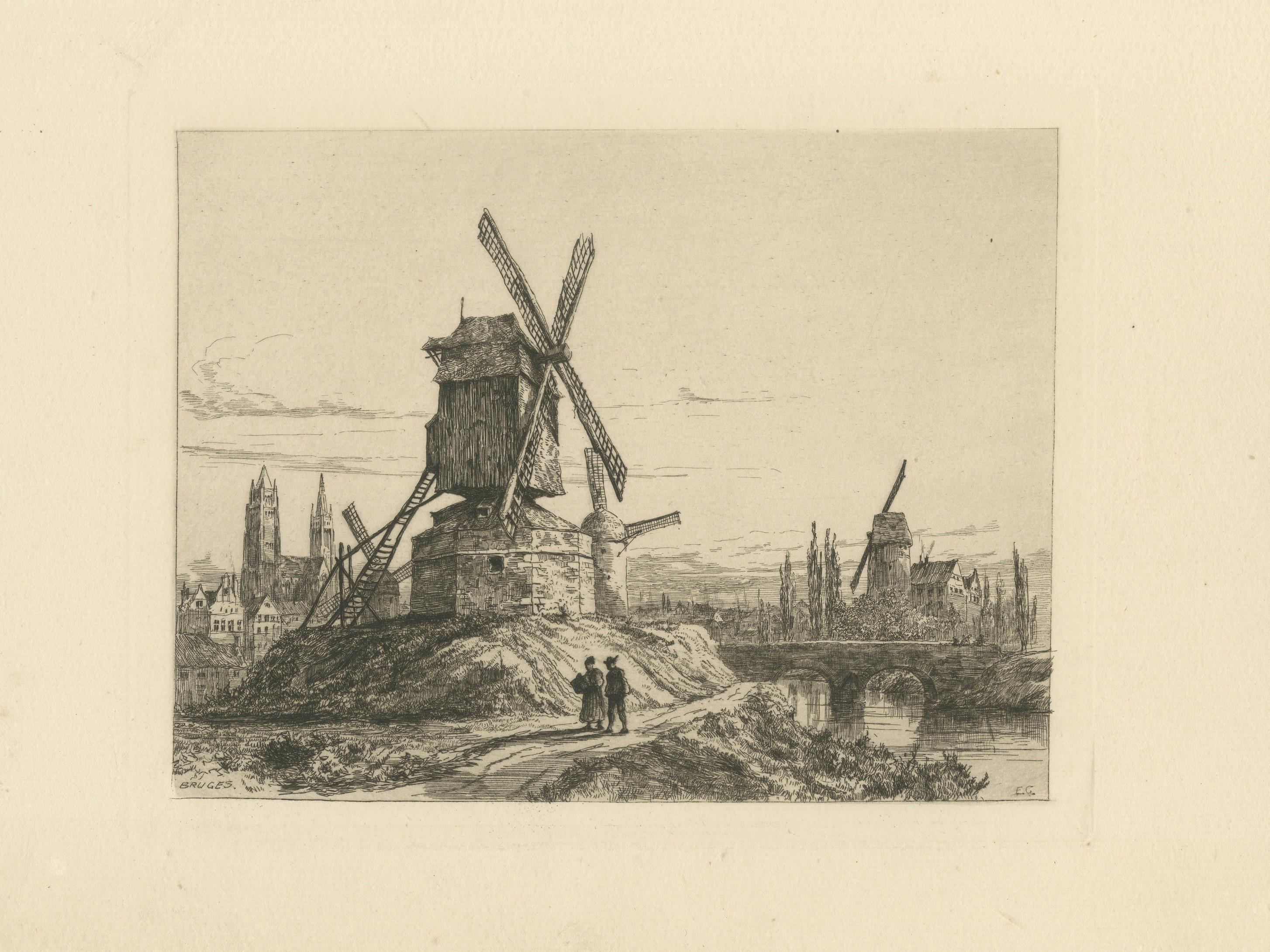 Antique Etching of Bruges Windmills and Canal Bridge – Ernest George, 1876