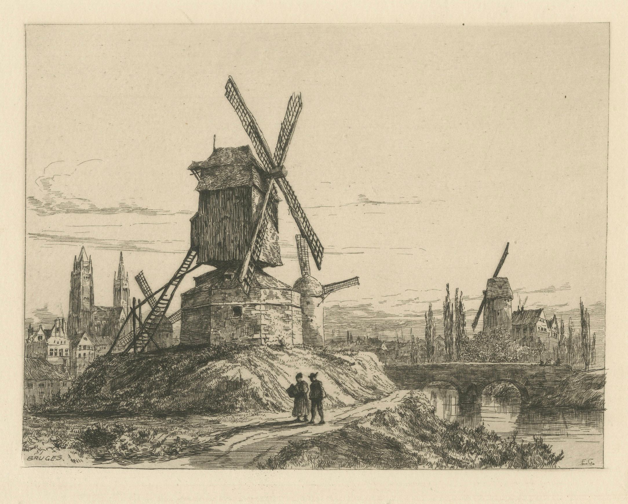 Antique Etching of Bruges Windmills and Canal Bridge – Ernest George, 1876