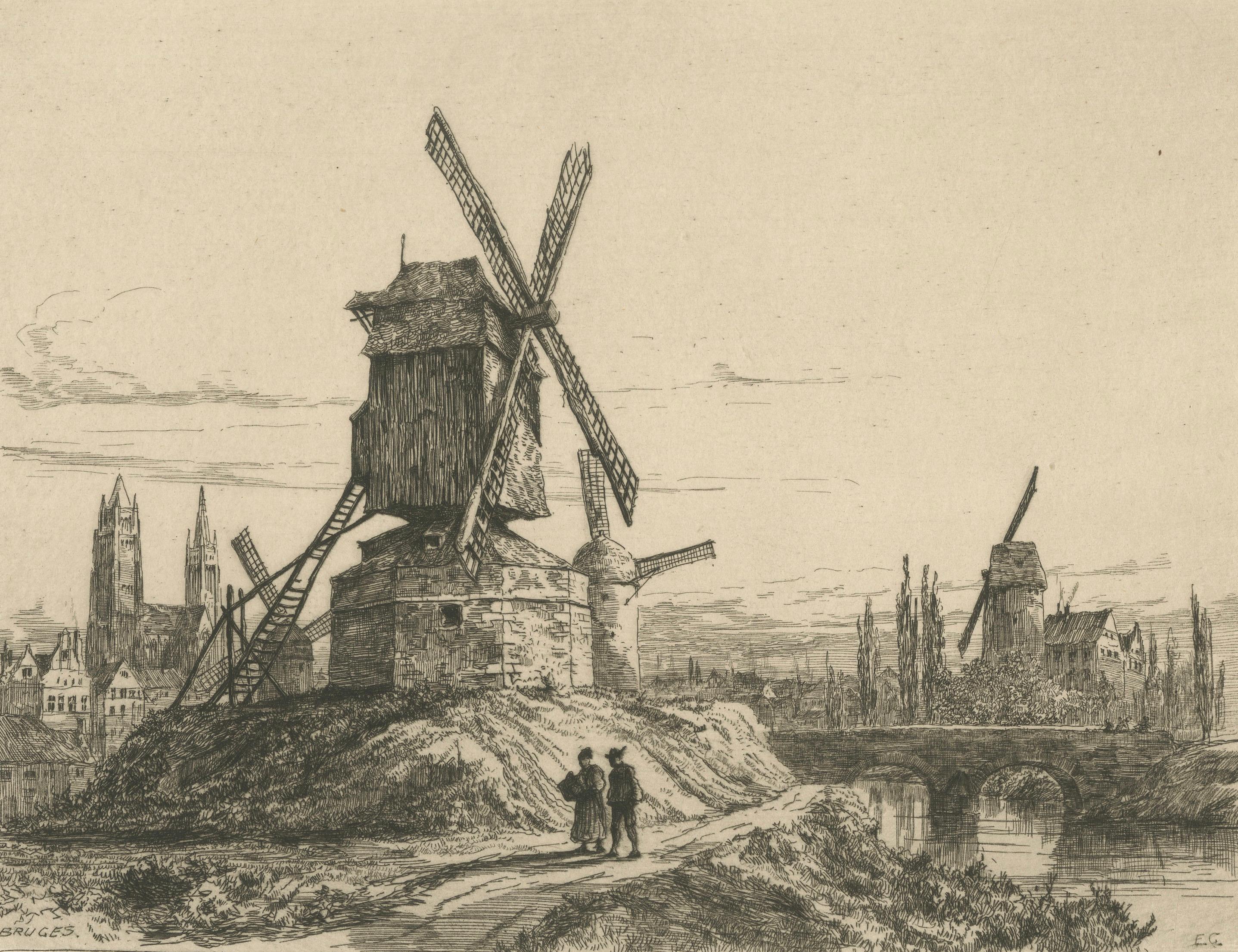 Antique Etching of Bruges Windmills and Canal Bridge – Ernest George, 1876