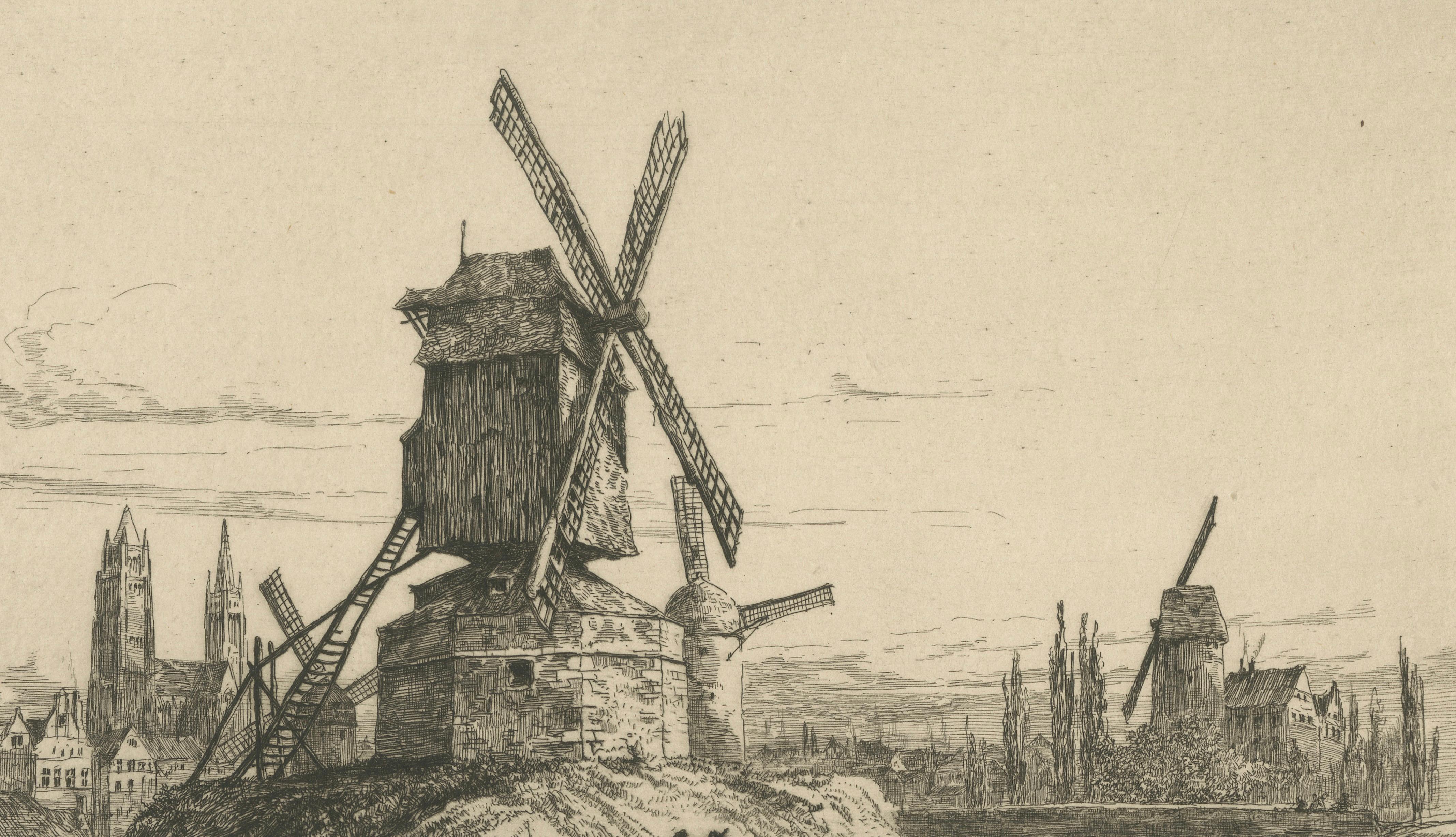 Antique Etching of Bruges Windmills and Canal Bridge – Ernest George, 1876