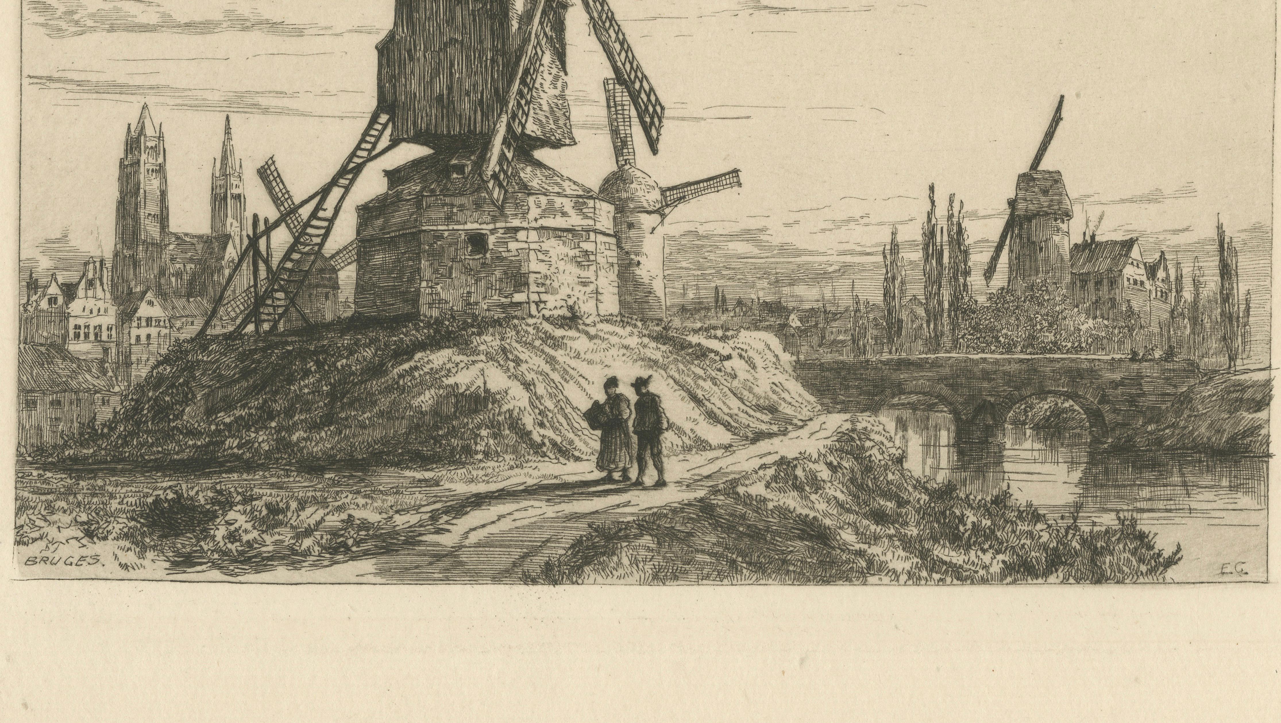 Antique Etching of Bruges Windmills and Canal Bridge – Ernest George, 1876