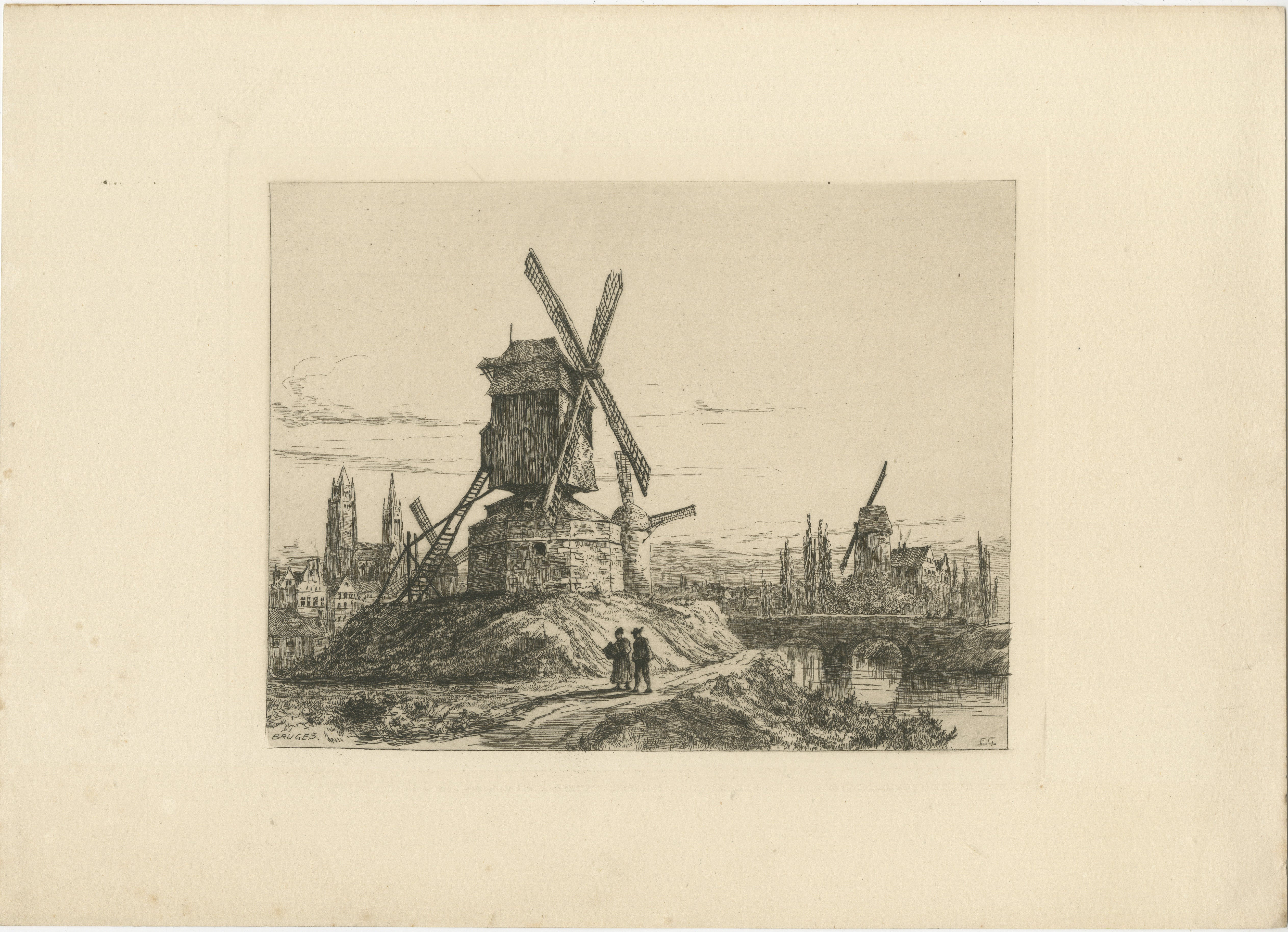 Antique Etching of Bruges Windmills and Canal Bridge – Ernest George, 1876